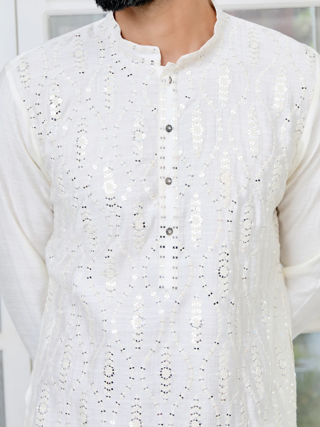 Men Cream Sequins Embroidered Straight Kurta - Image 2