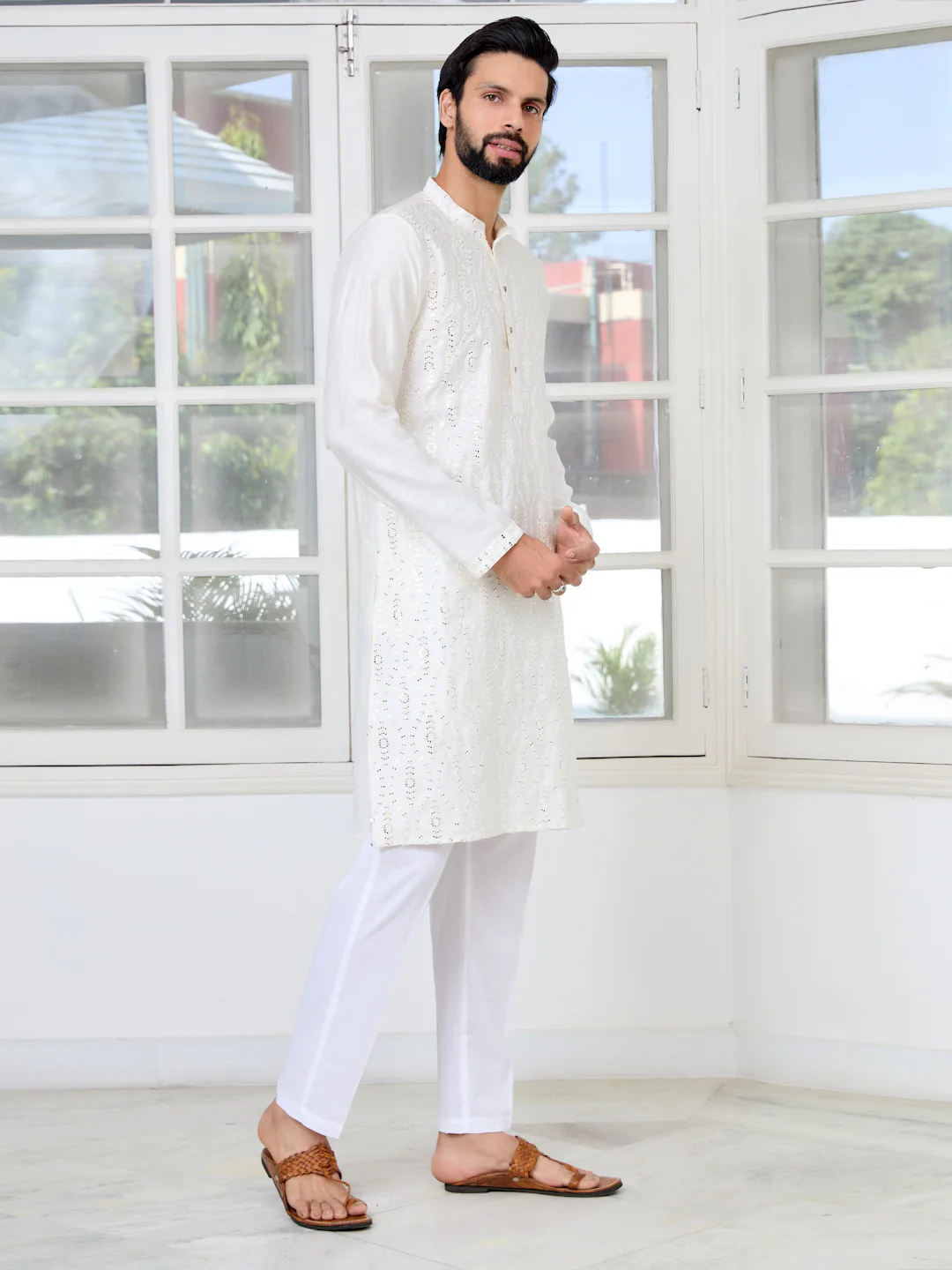 Men Cream Sequins Embroidered Straight Kurta - Image 3