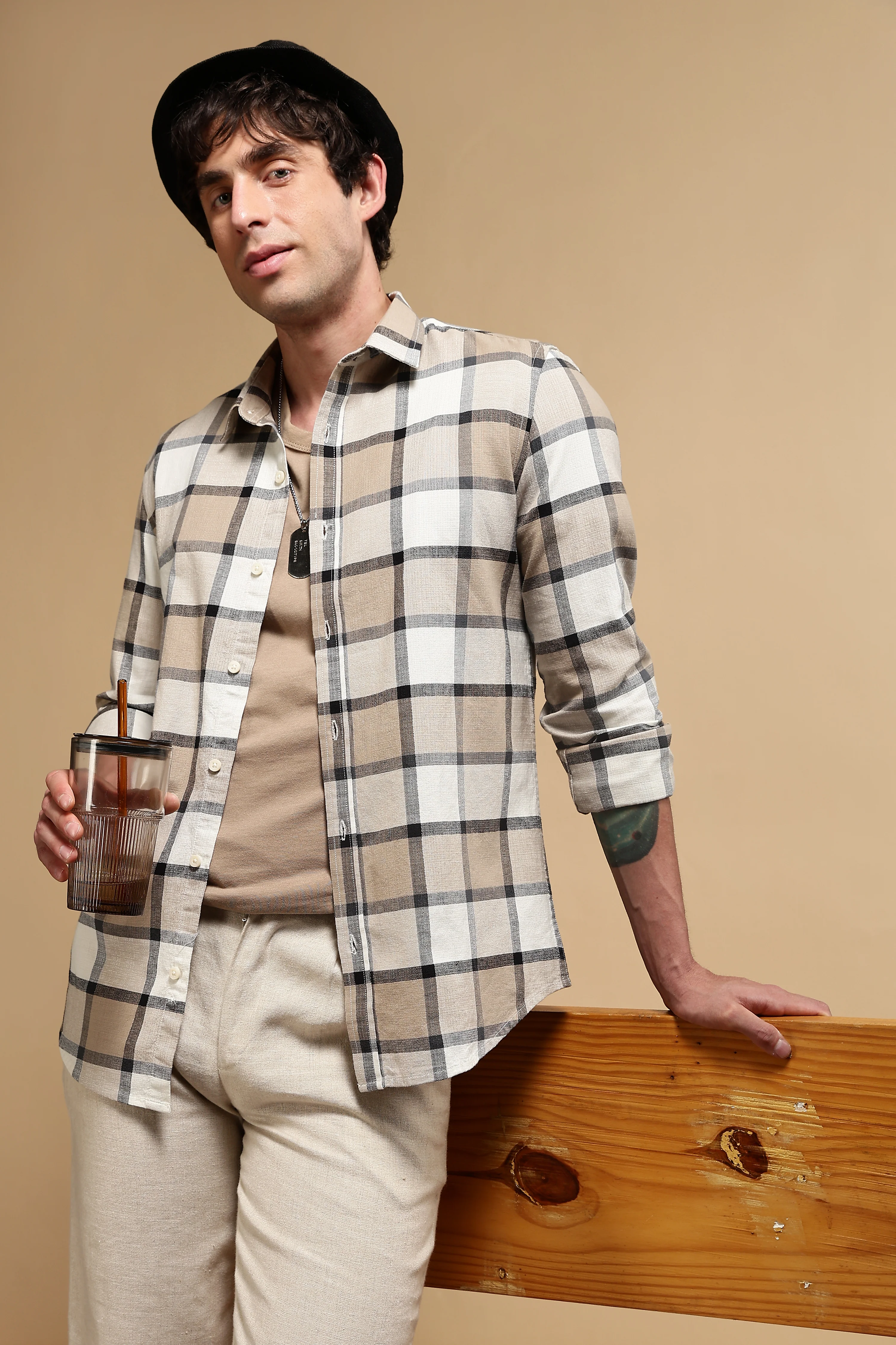 Men Cream Slim Fit Cotton Check Shirt - Image 10