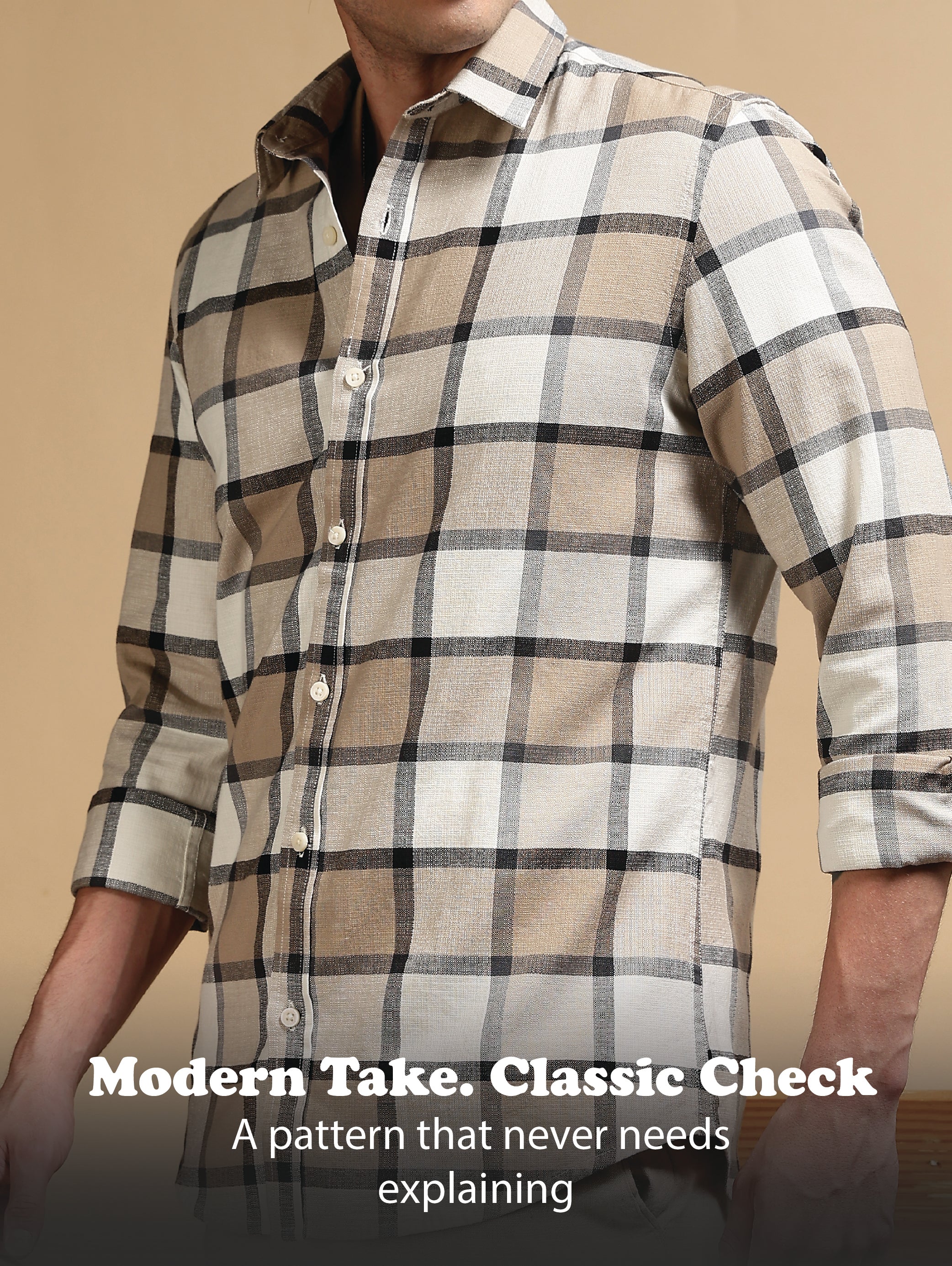 Men Cream Slim Fit Cotton Check Shirt - Image 11