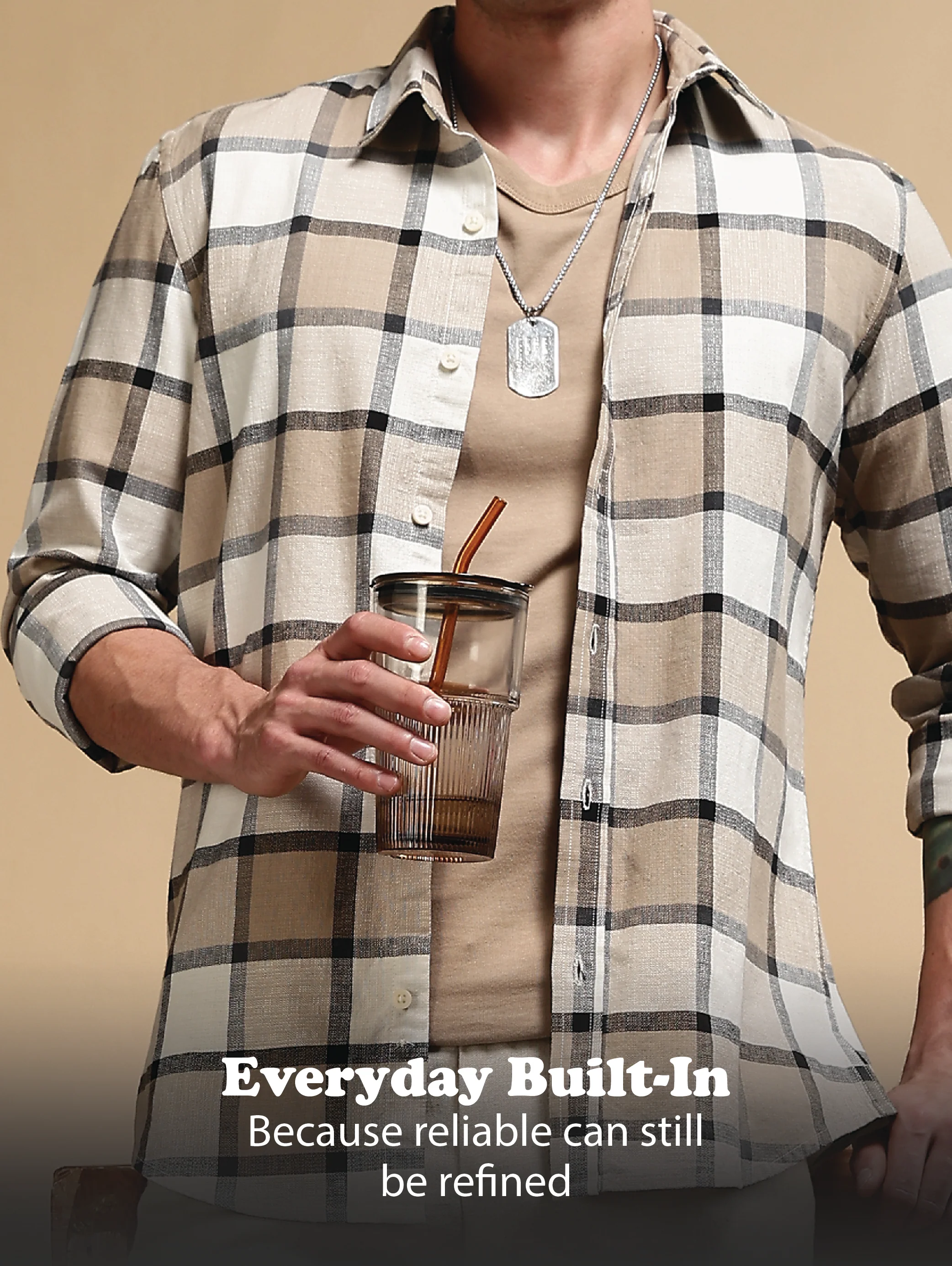 Men Cream Slim Fit Cotton Check Shirt - Image 13