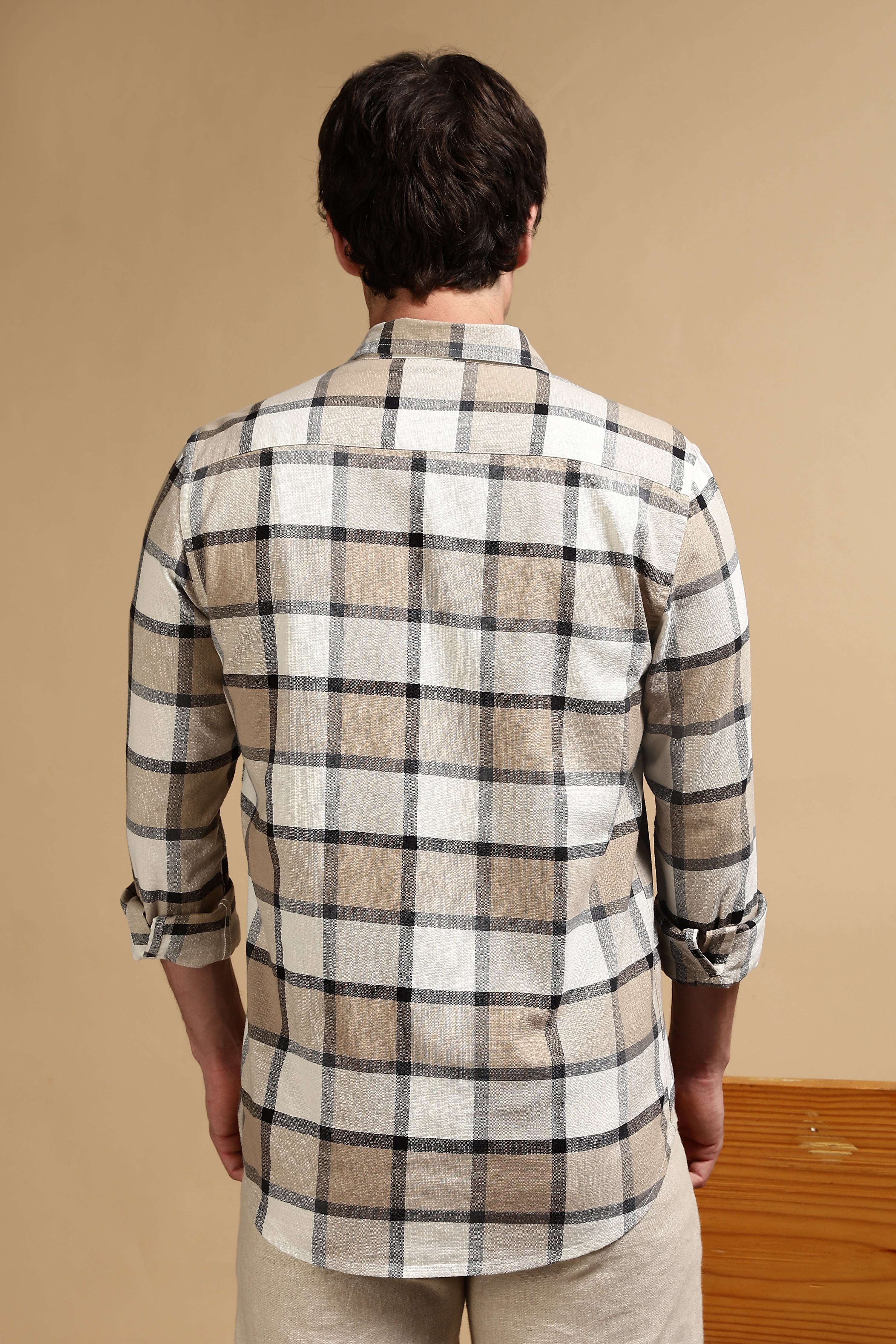 Men Cream Slim Fit Cotton Check Shirt - Image 4