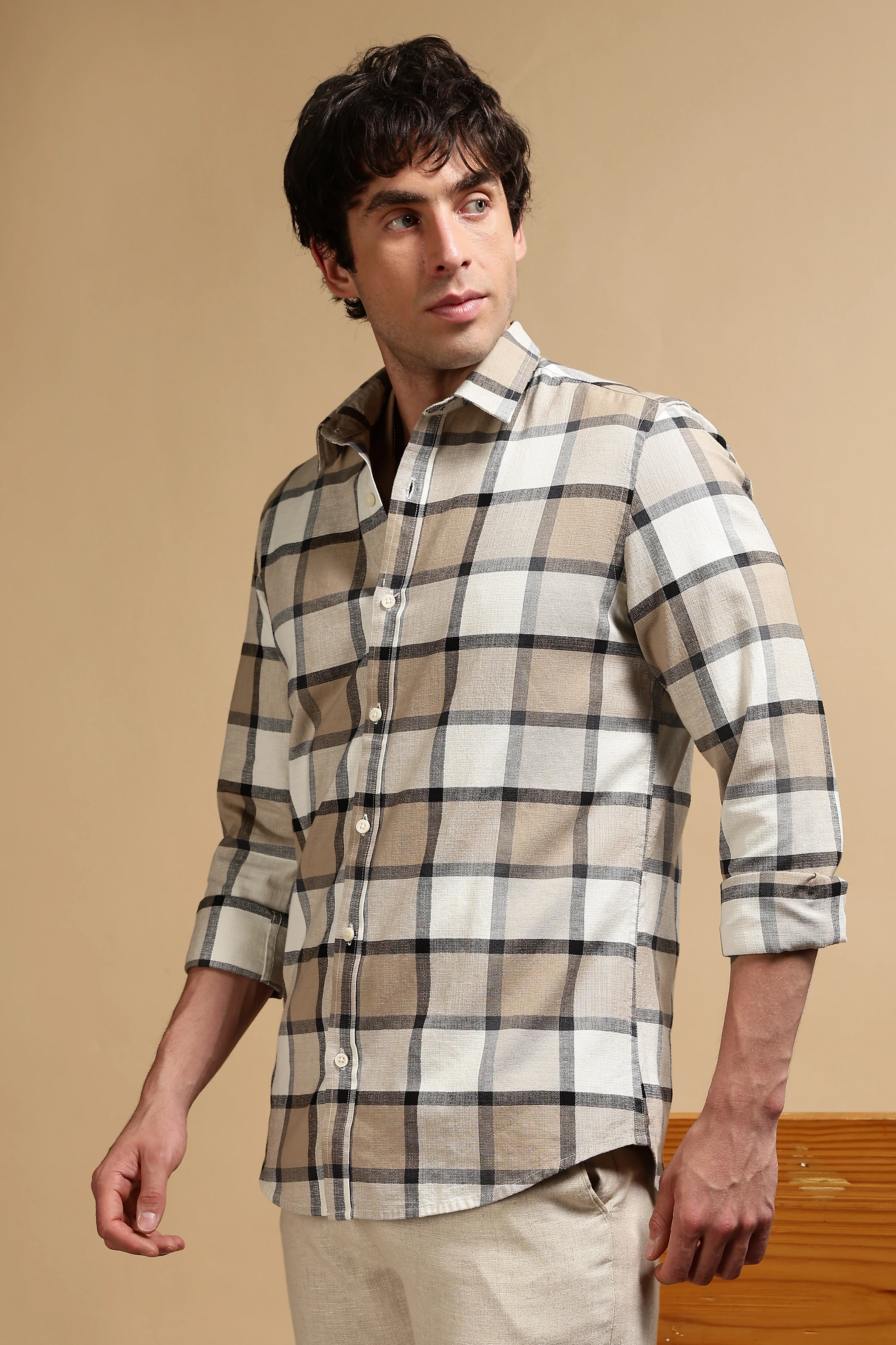 Men Cream Slim Fit Cotton Check Shirt - Image 5