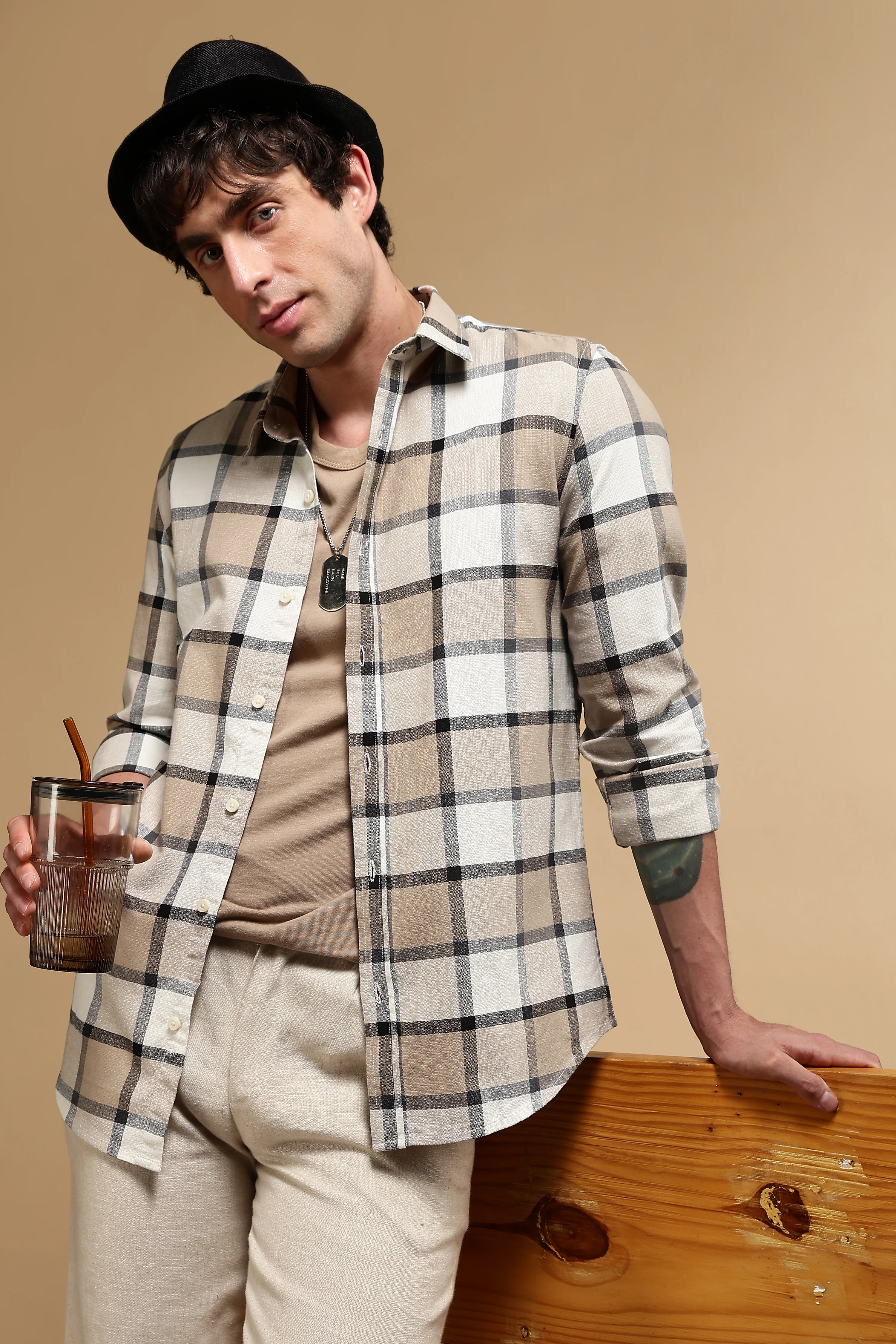 Men Cream Slim Fit Cotton Check Shirt - Image 7