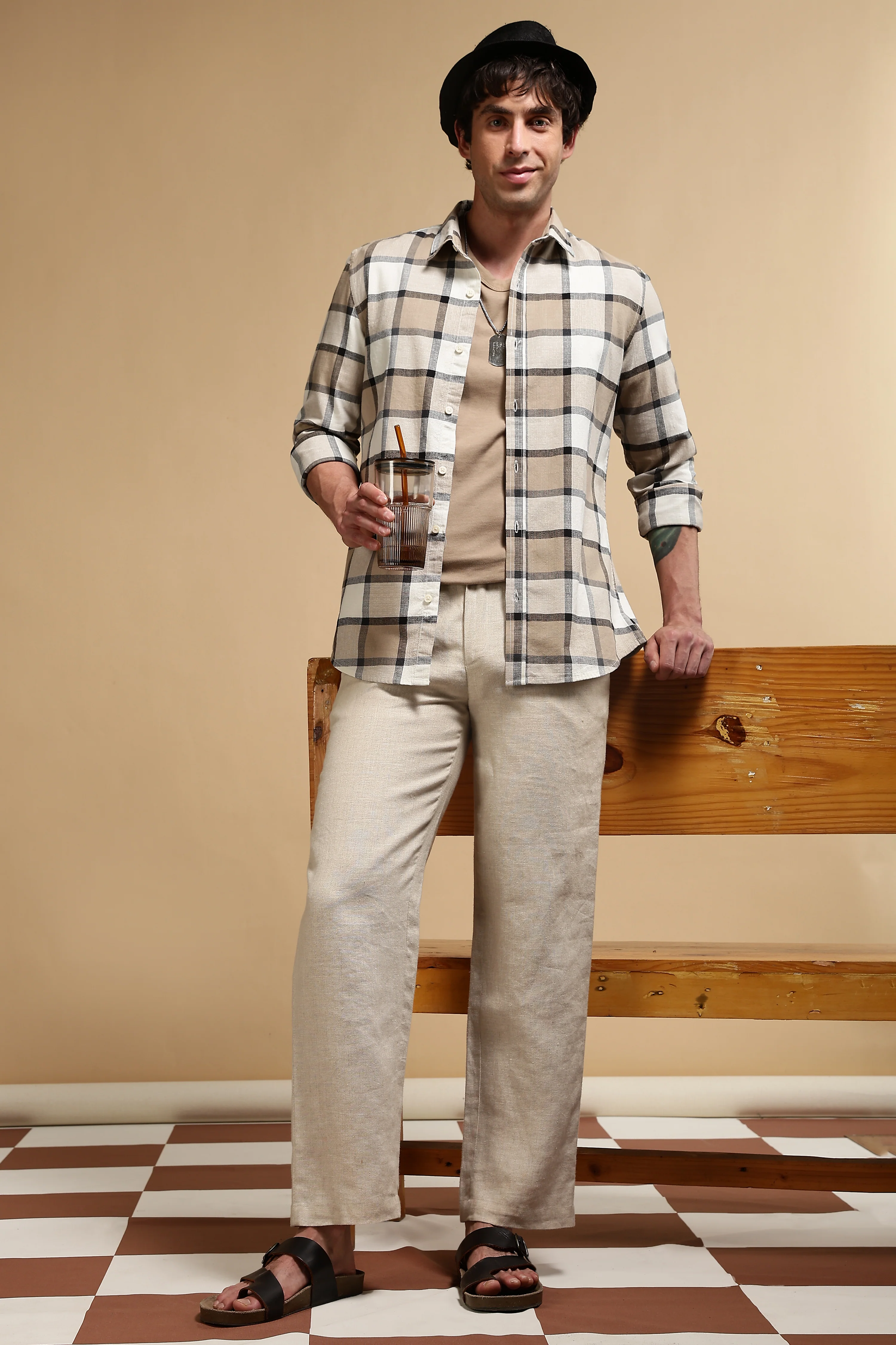 Men Cream Slim Fit Cotton Check Shirt - Image 9