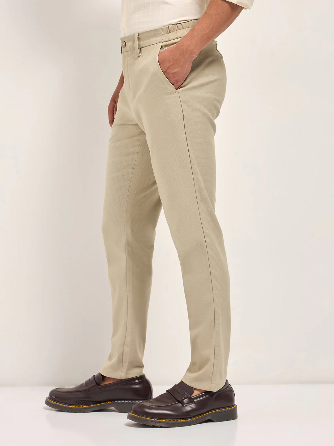 Men Cream Slim Fit Formal Trousers - Image 3