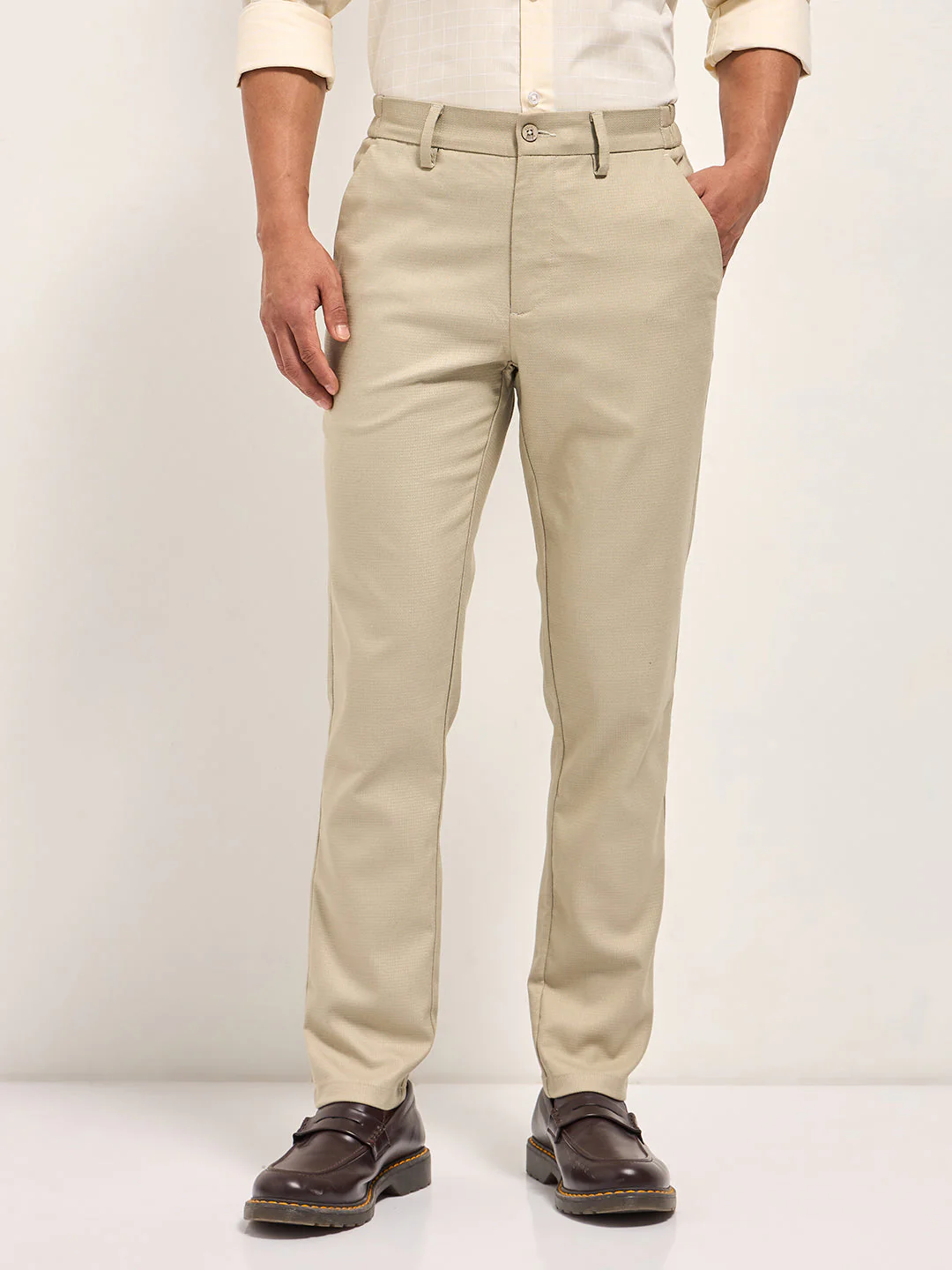 Men Cream Slim Fit Formal Trousers - Image 7