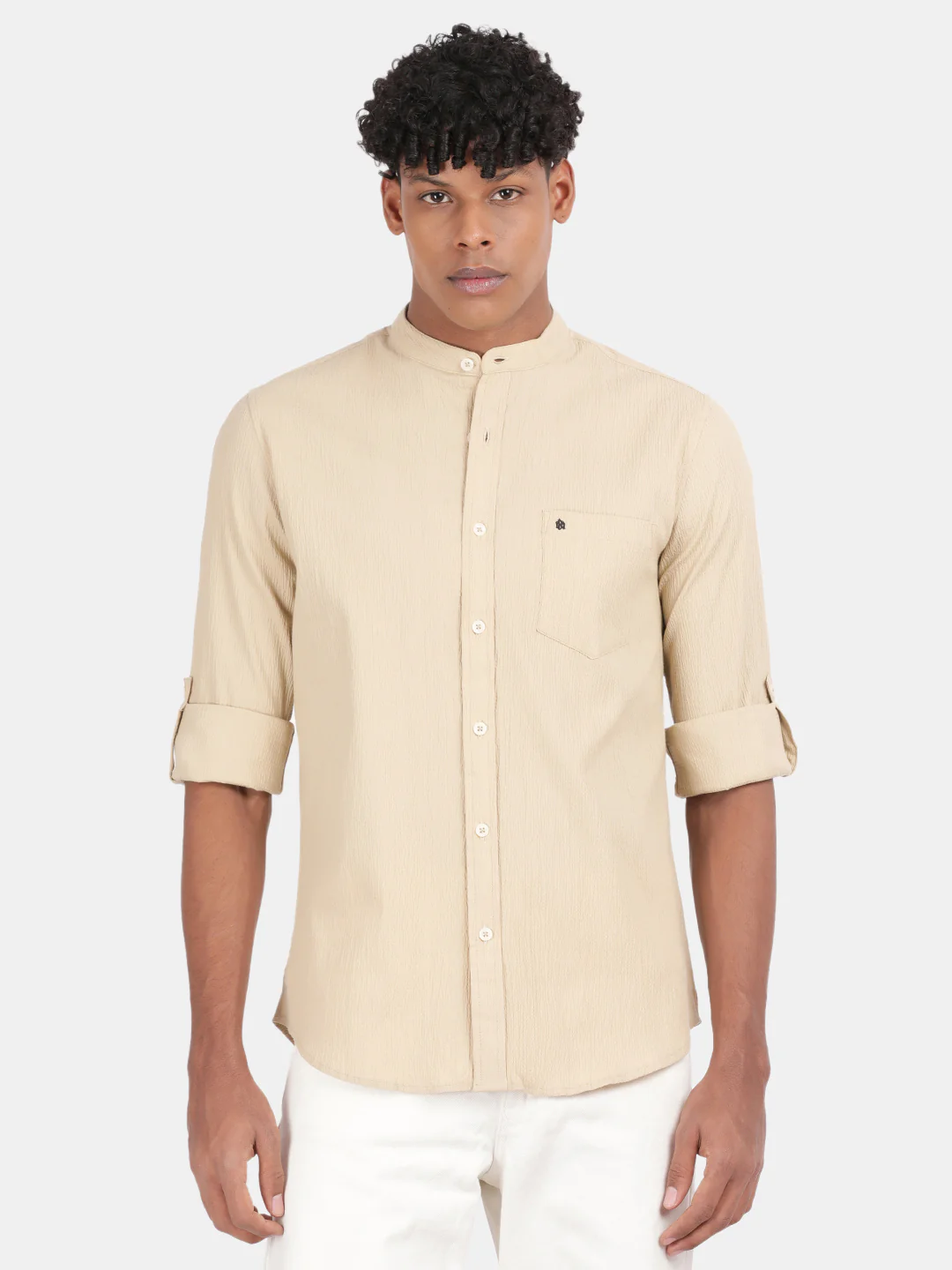 Men Cream Slim Fit Mandarin Collar Full Sleeve Casual Shirt - Image 2