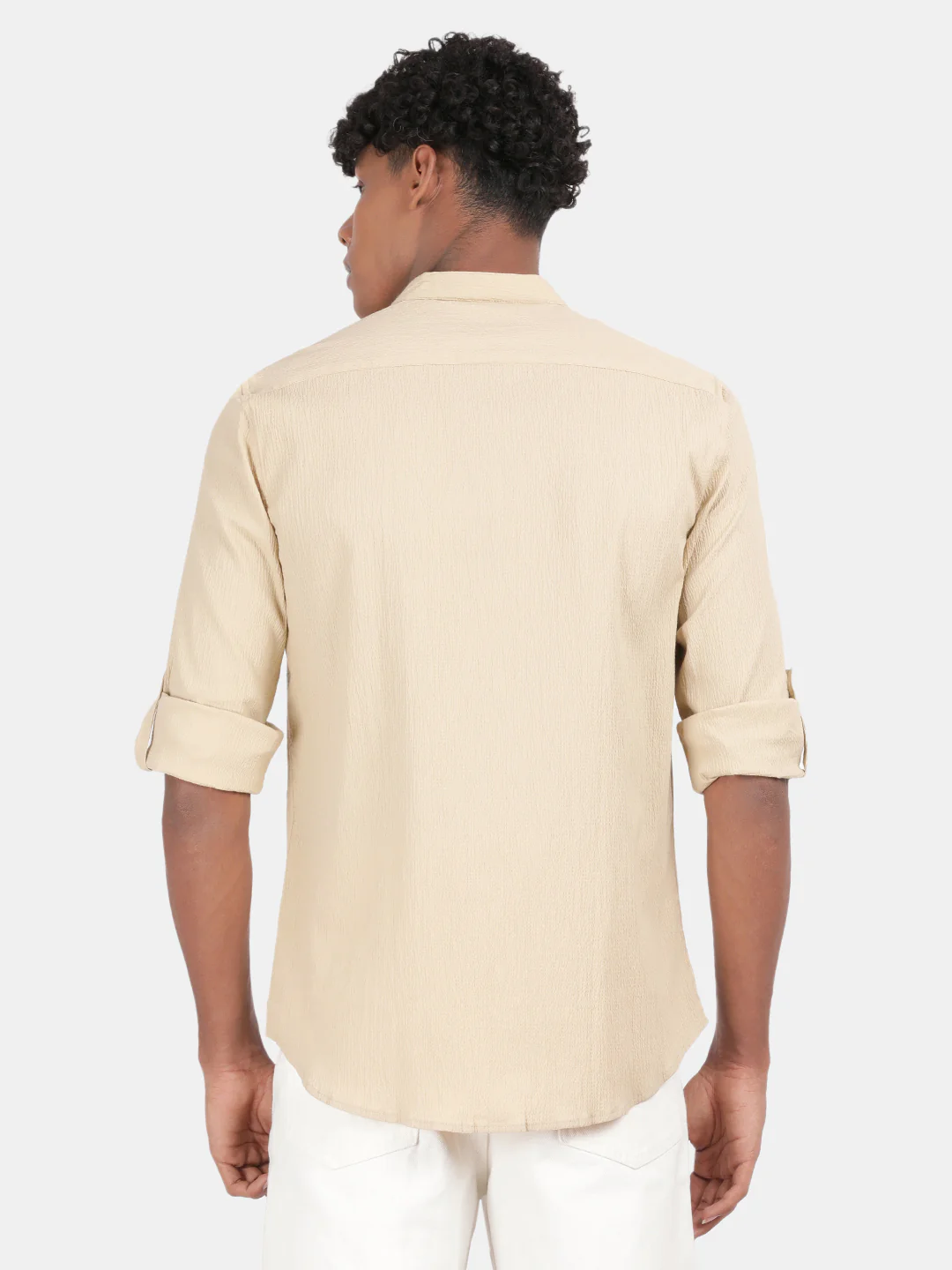 Men Cream Slim Fit Mandarin Collar Full Sleeve Casual Shirt - Image 3
