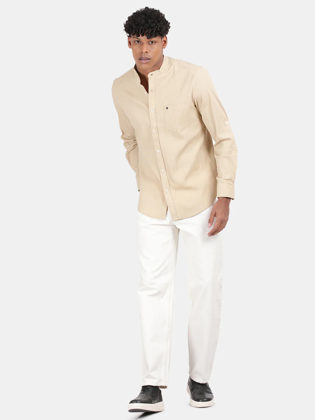 Men Cream Slim Fit Mandarin Collar Full Sleeve Casual Shirt - Image 4