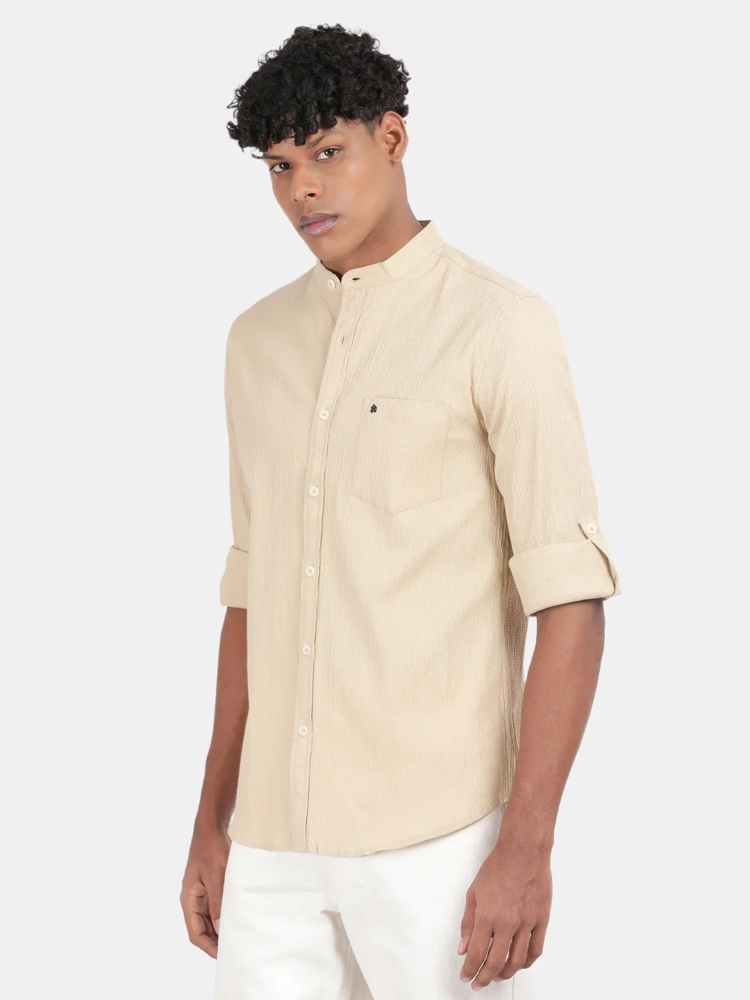 Men Cream Slim Fit Mandarin Collar Full Sleeve Casual Shirt - Image 5