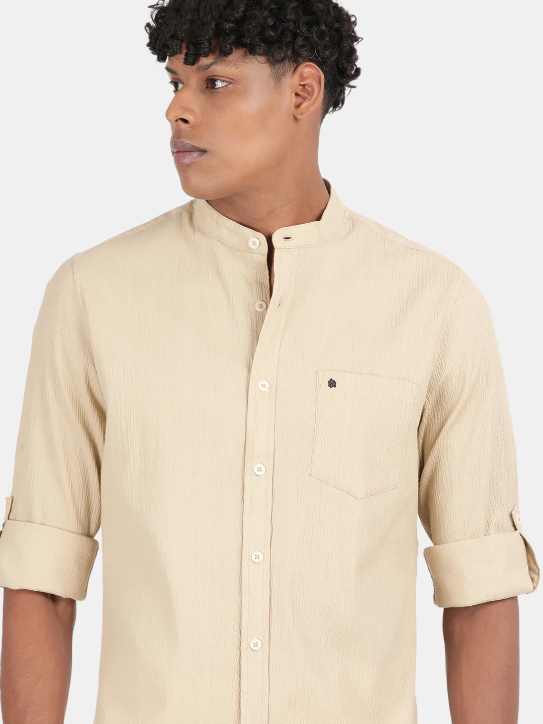 Men Cream Slim Fit Mandarin Collar Full Sleeve Casual Shirt - Image 6