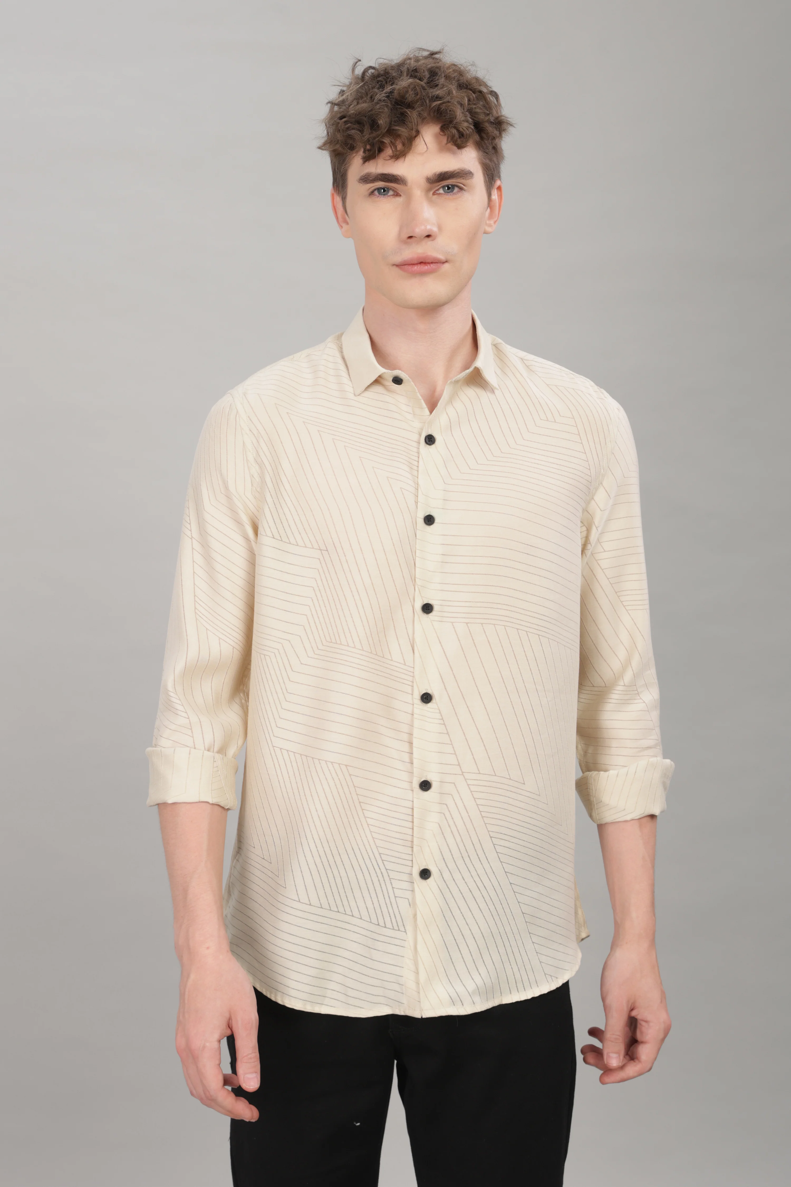 Men Cream Slim Fit Shirt - Image 2