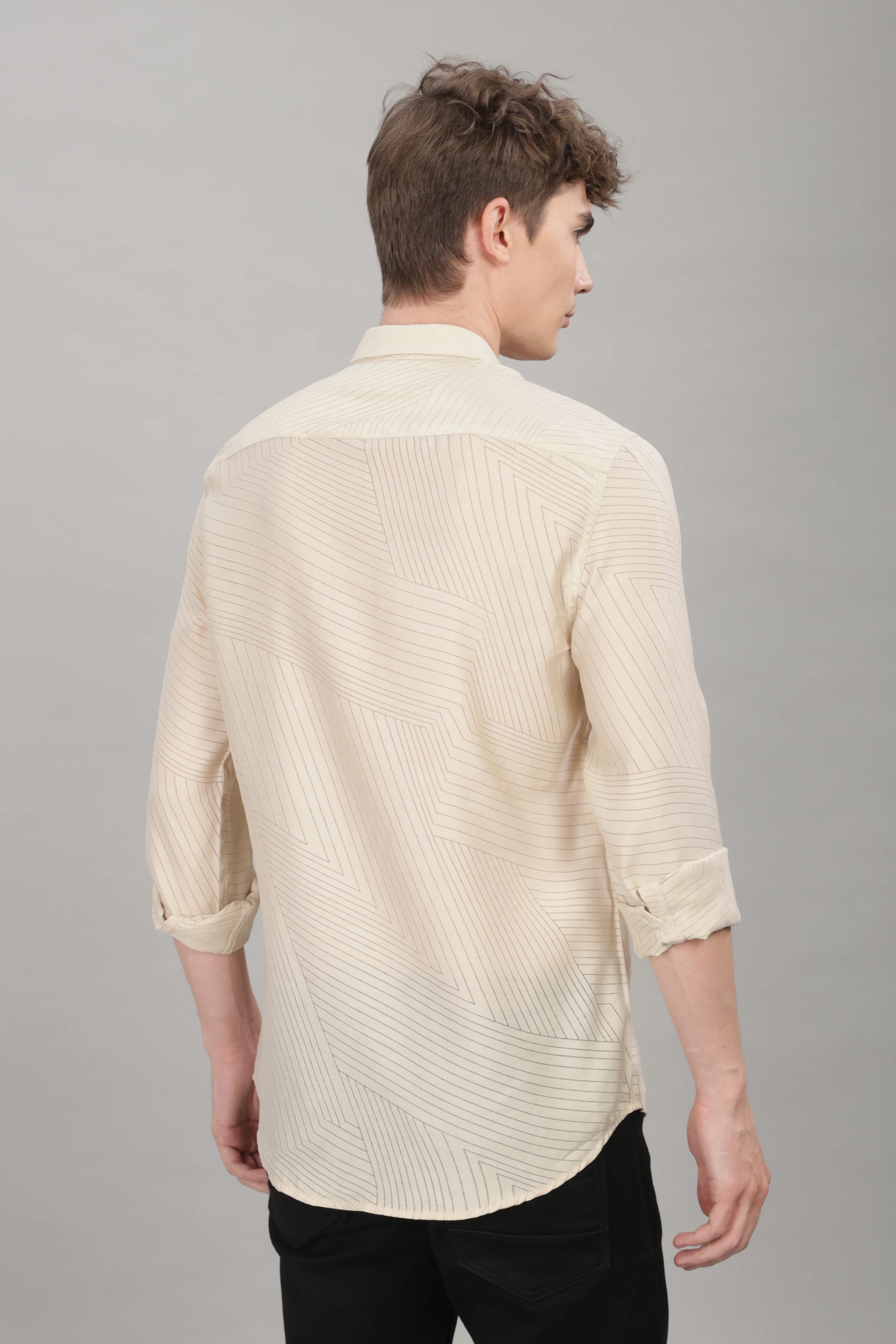 Men Cream Slim Fit Shirt - Image 3