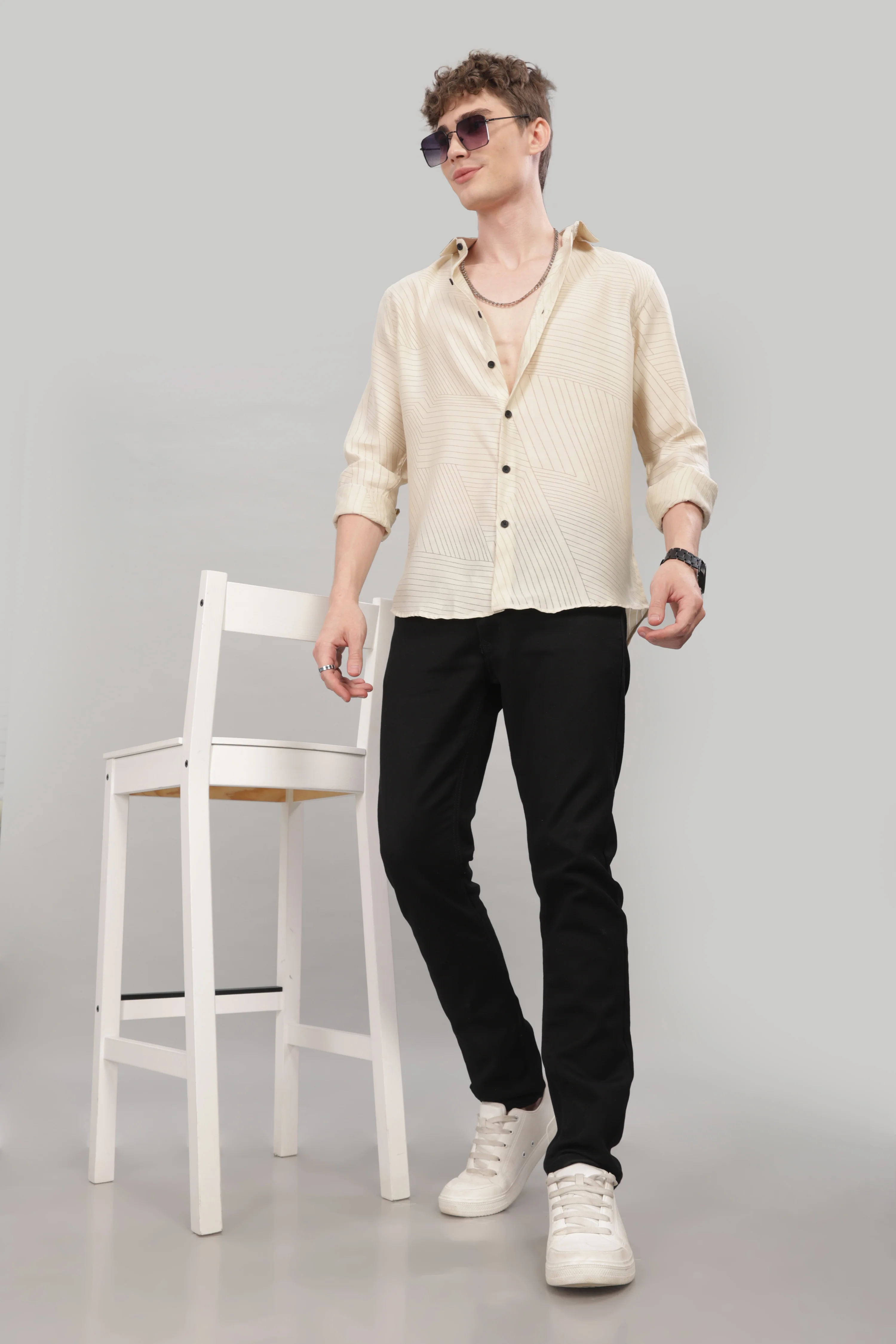 Men Cream Slim Fit Shirt - Image 4