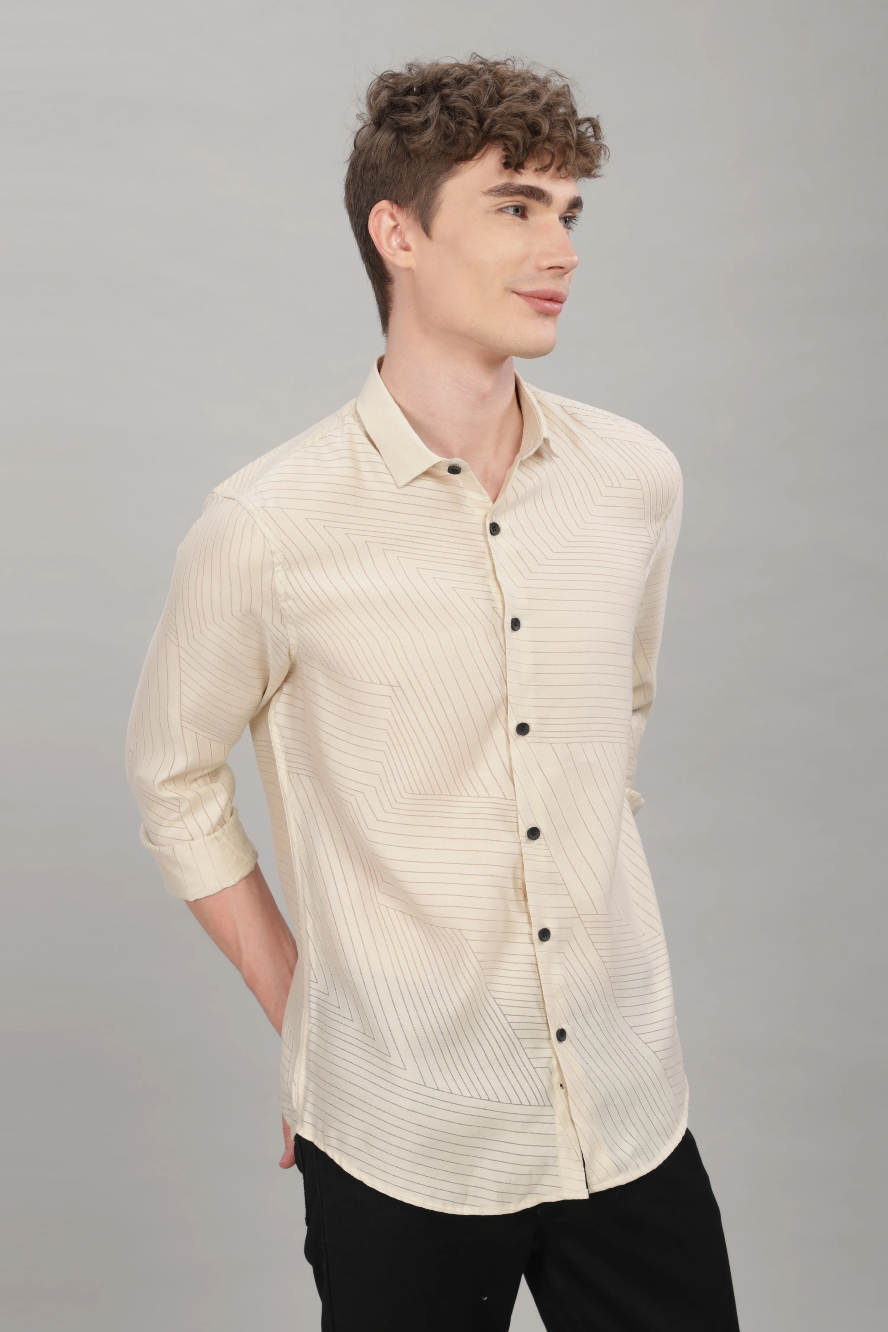 Men Cream Slim Fit Shirt - Image 6