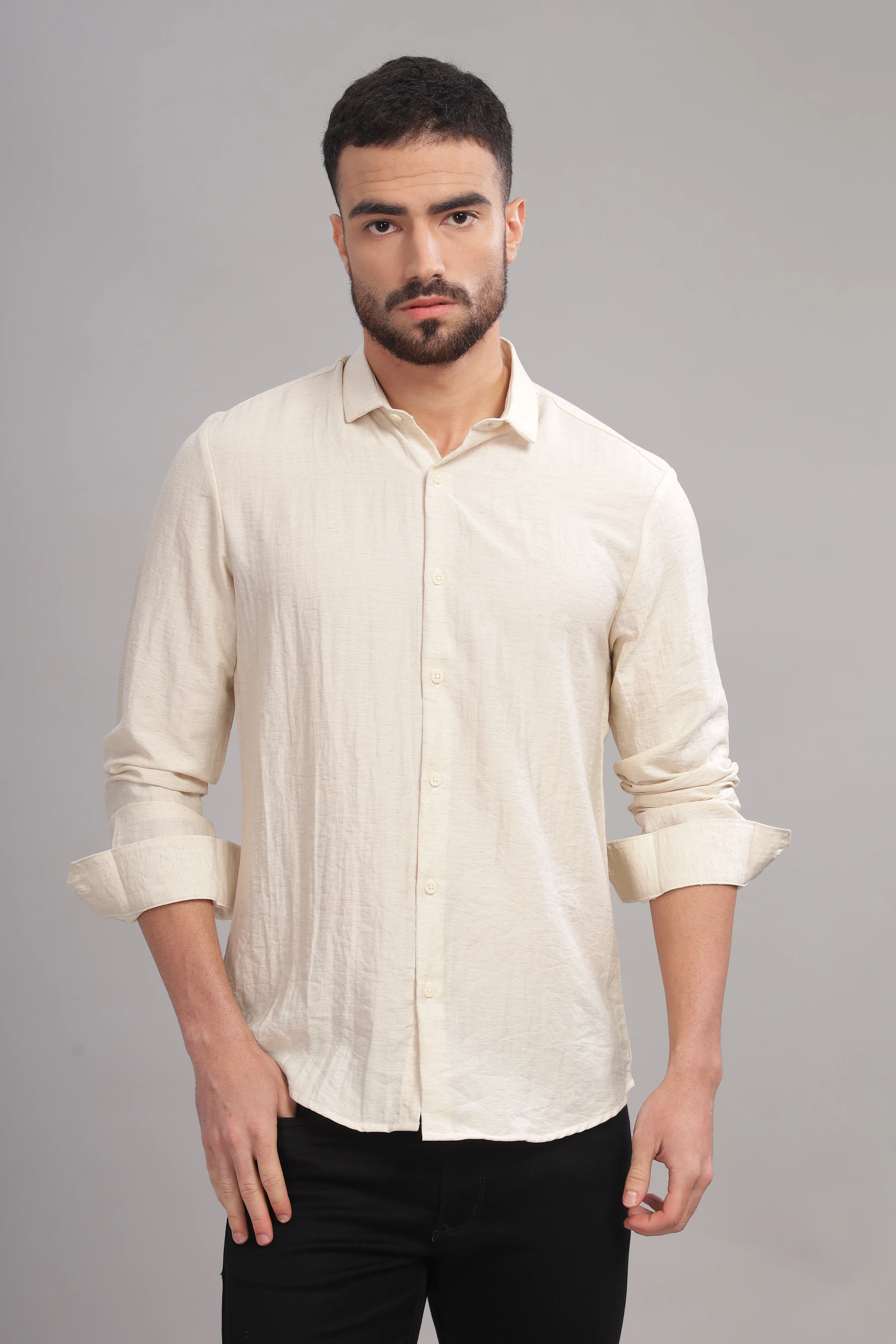 Men Cream Slim Fit Shirt - Image 2