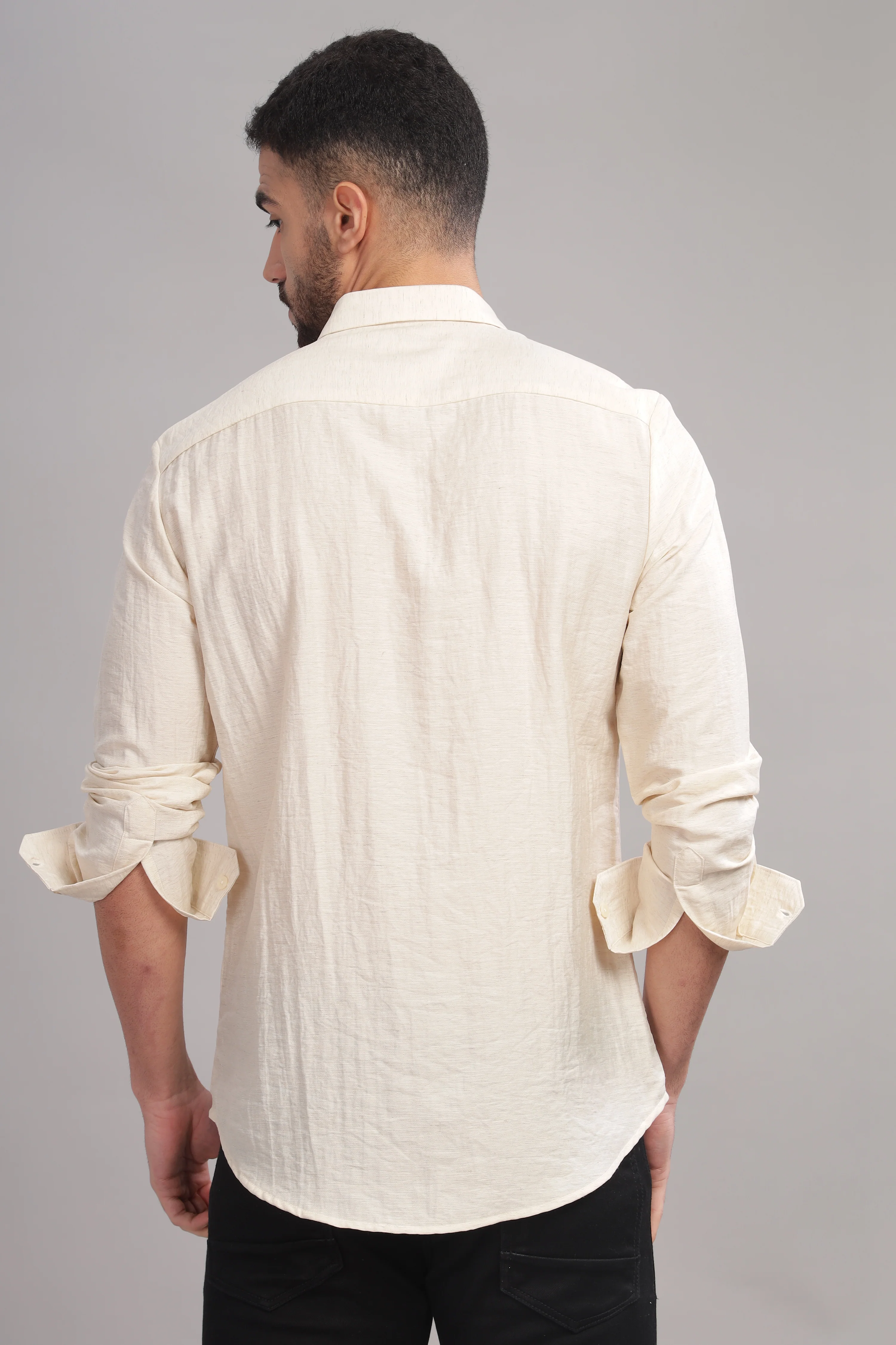 Men Cream Slim Fit Shirt - Image 3