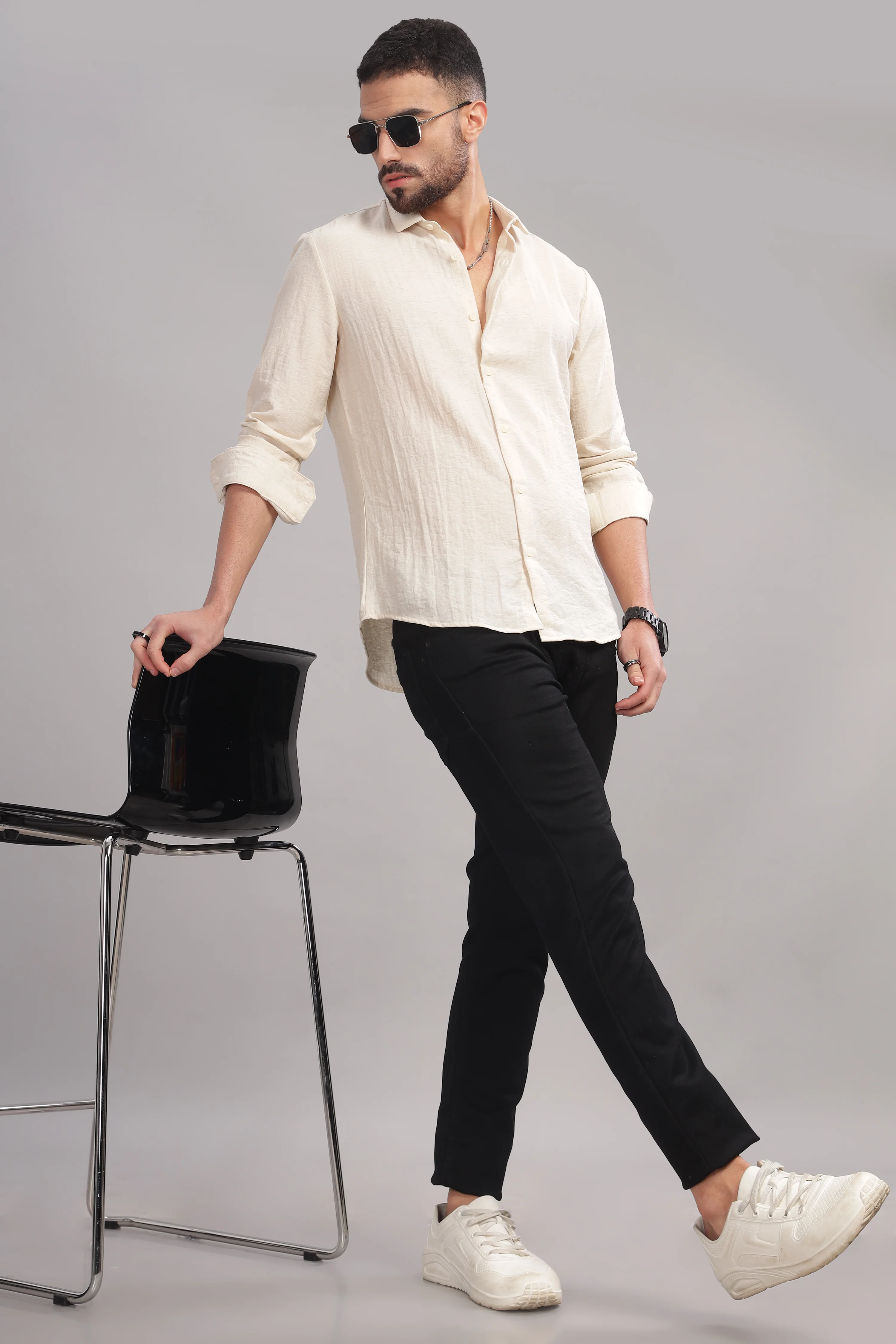 Men Cream Slim Fit Shirt - Image 4
