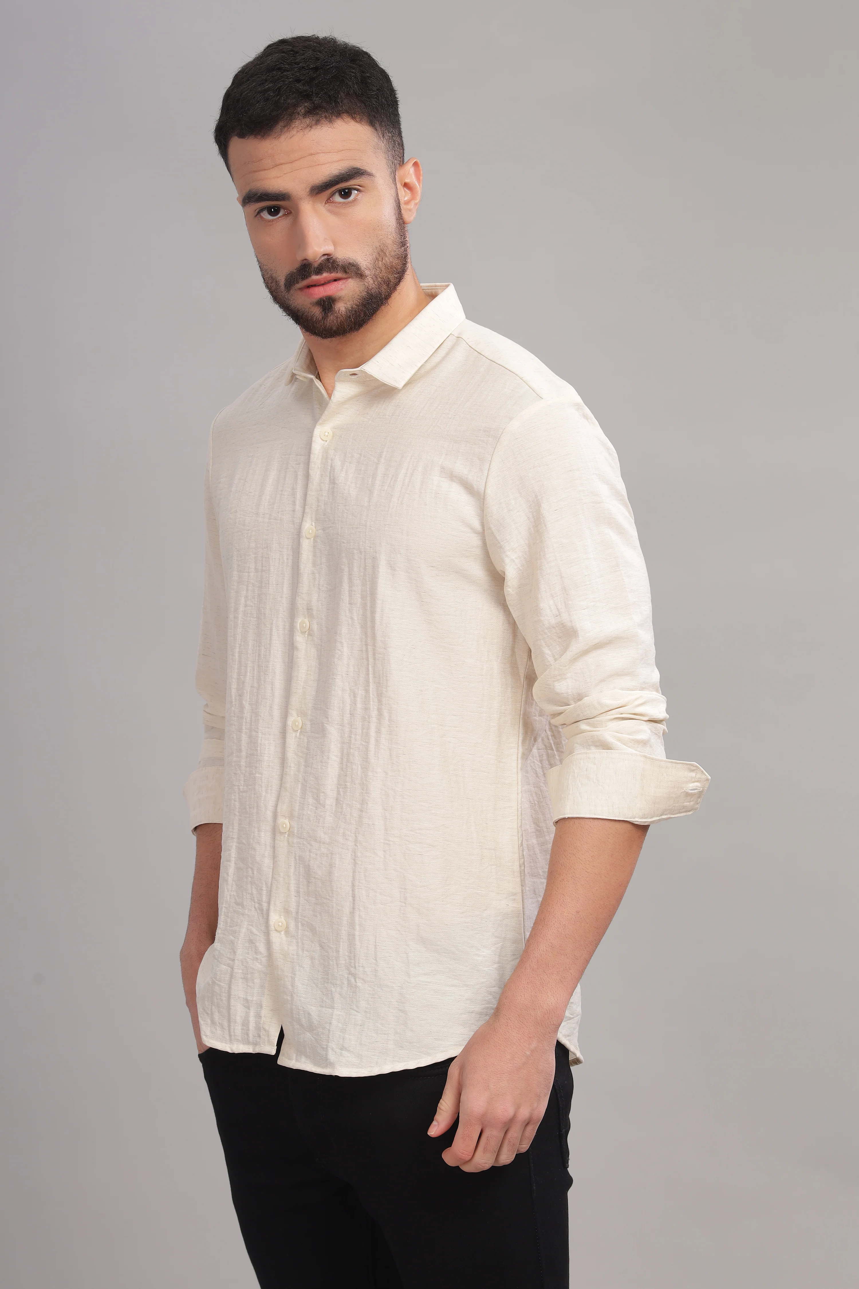Men Cream Slim Fit Shirt - Image 5