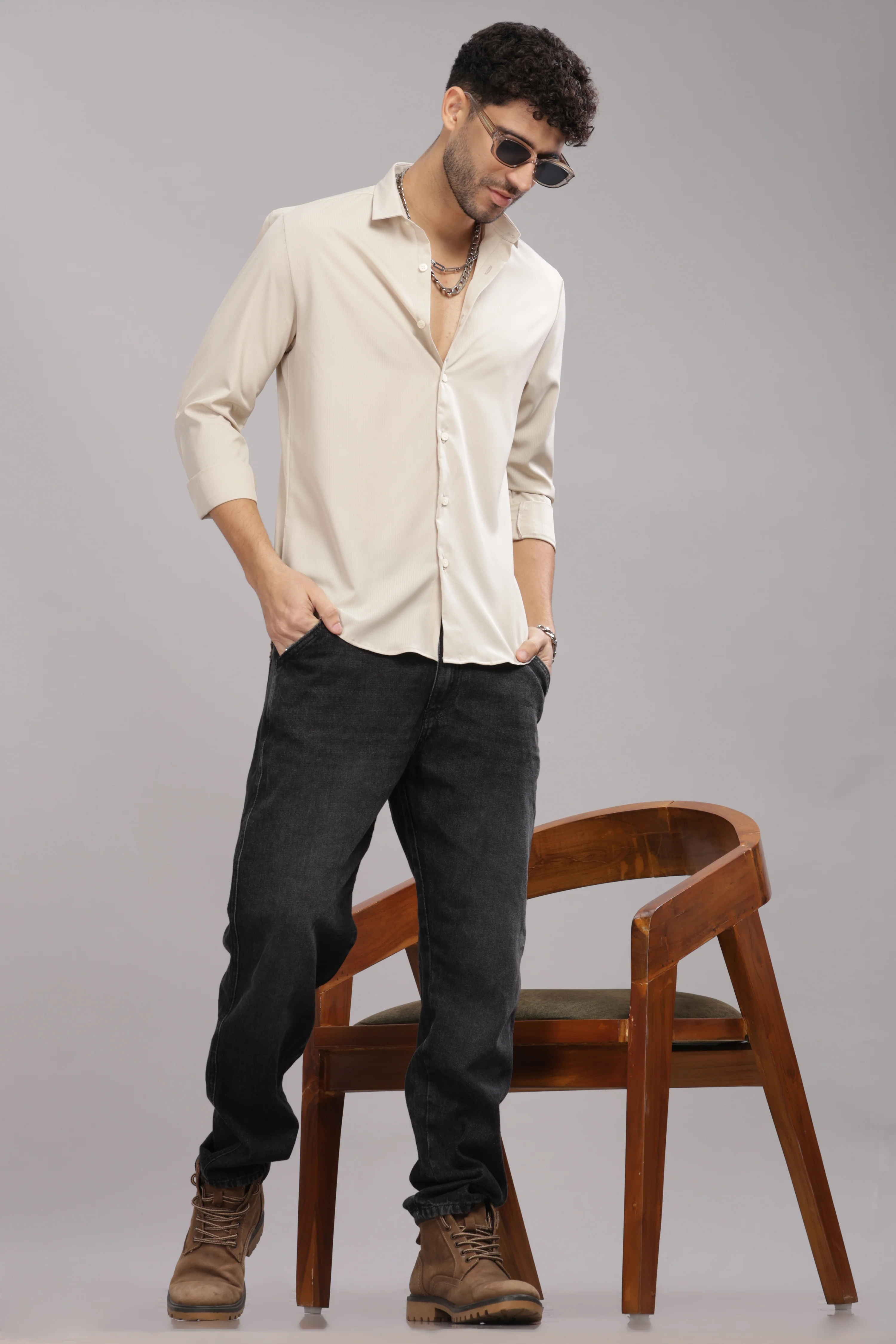 Men Cream Slim Fit Shirt - Image 4