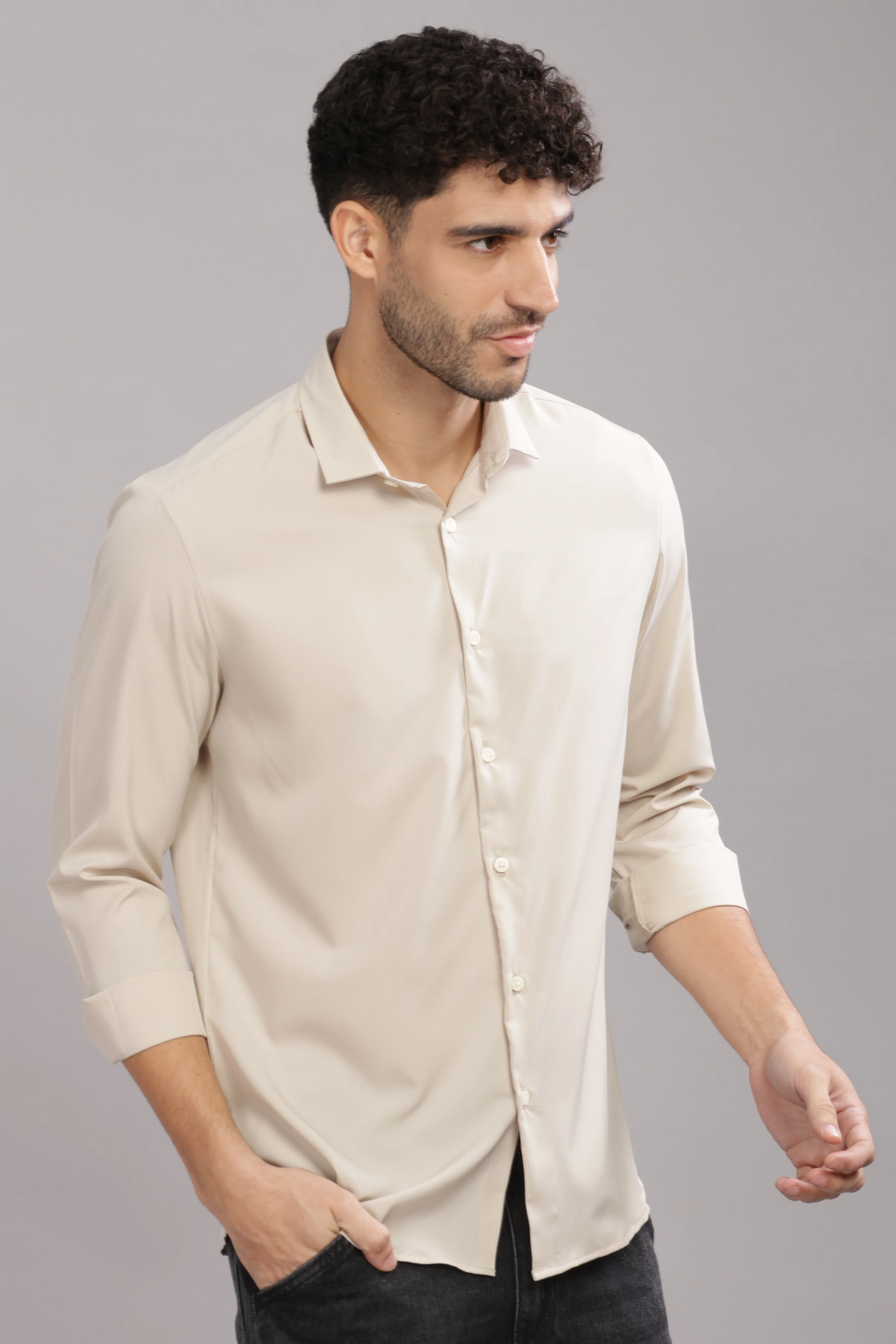 Men Cream Slim Fit Shirt - Image 5
