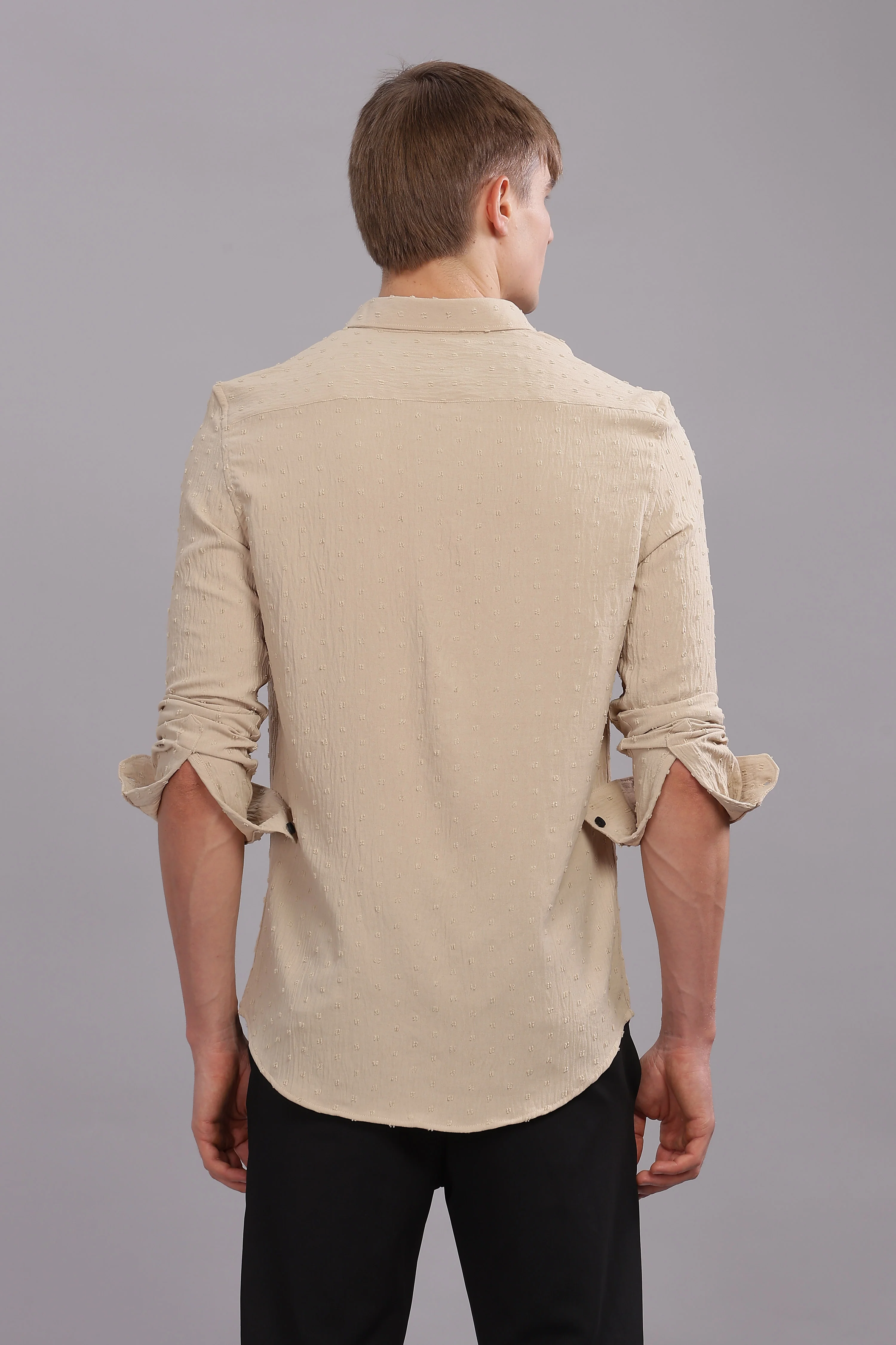 Men Cream Slim Fit Shirt - Image 3