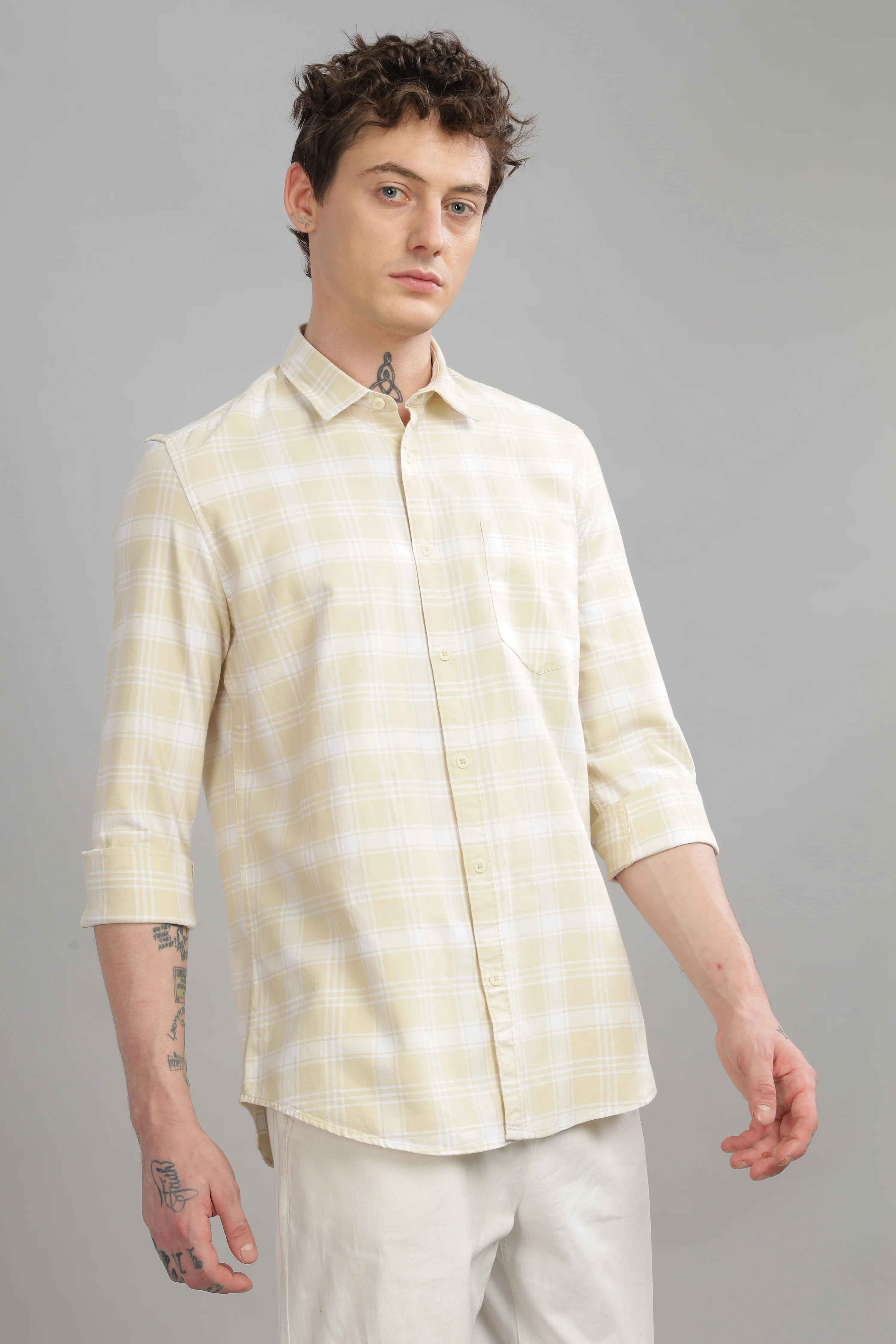 Men Cream Slim Fit Shirt - Image 5