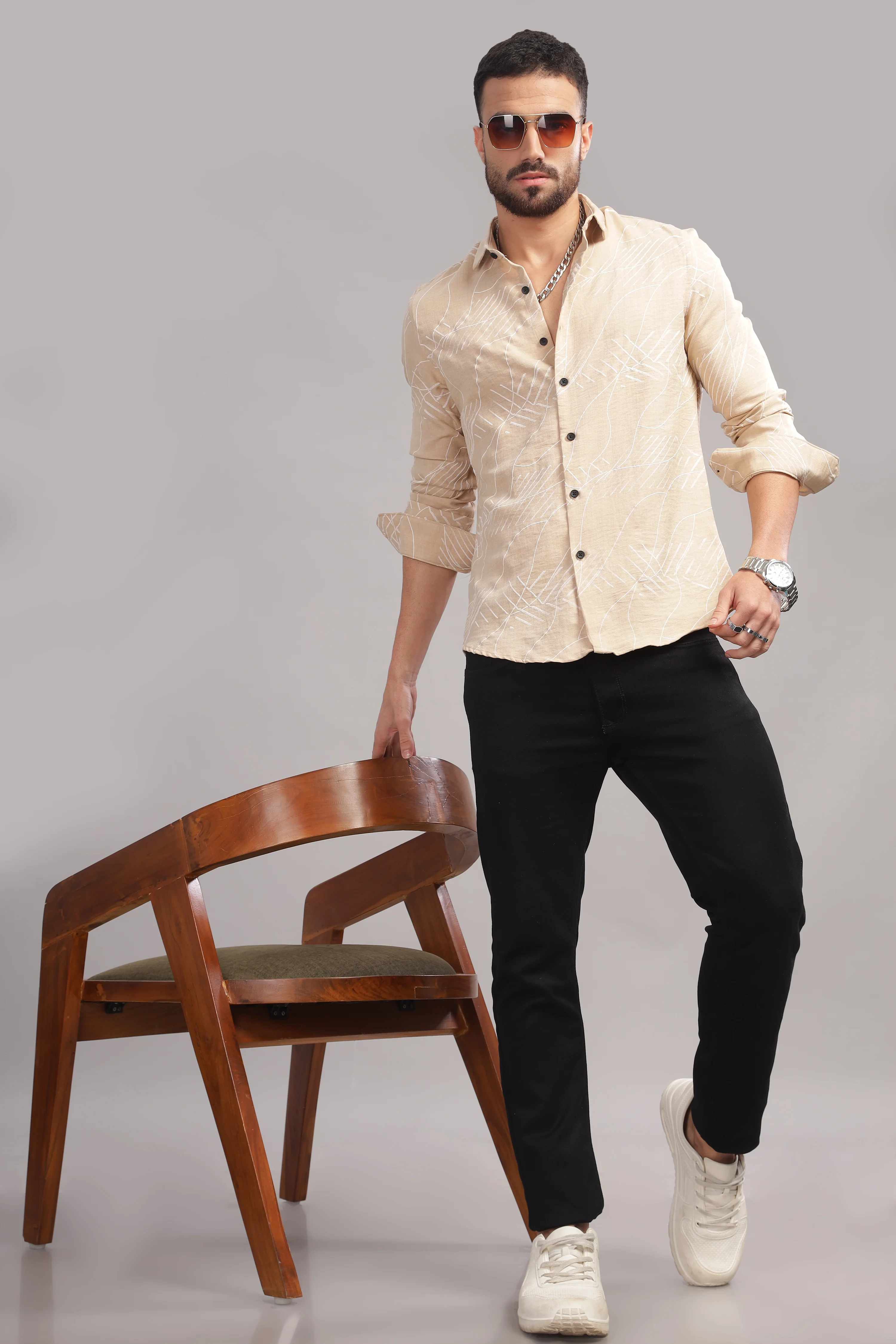 Men Cream Slim Fit Shirt - Image 4