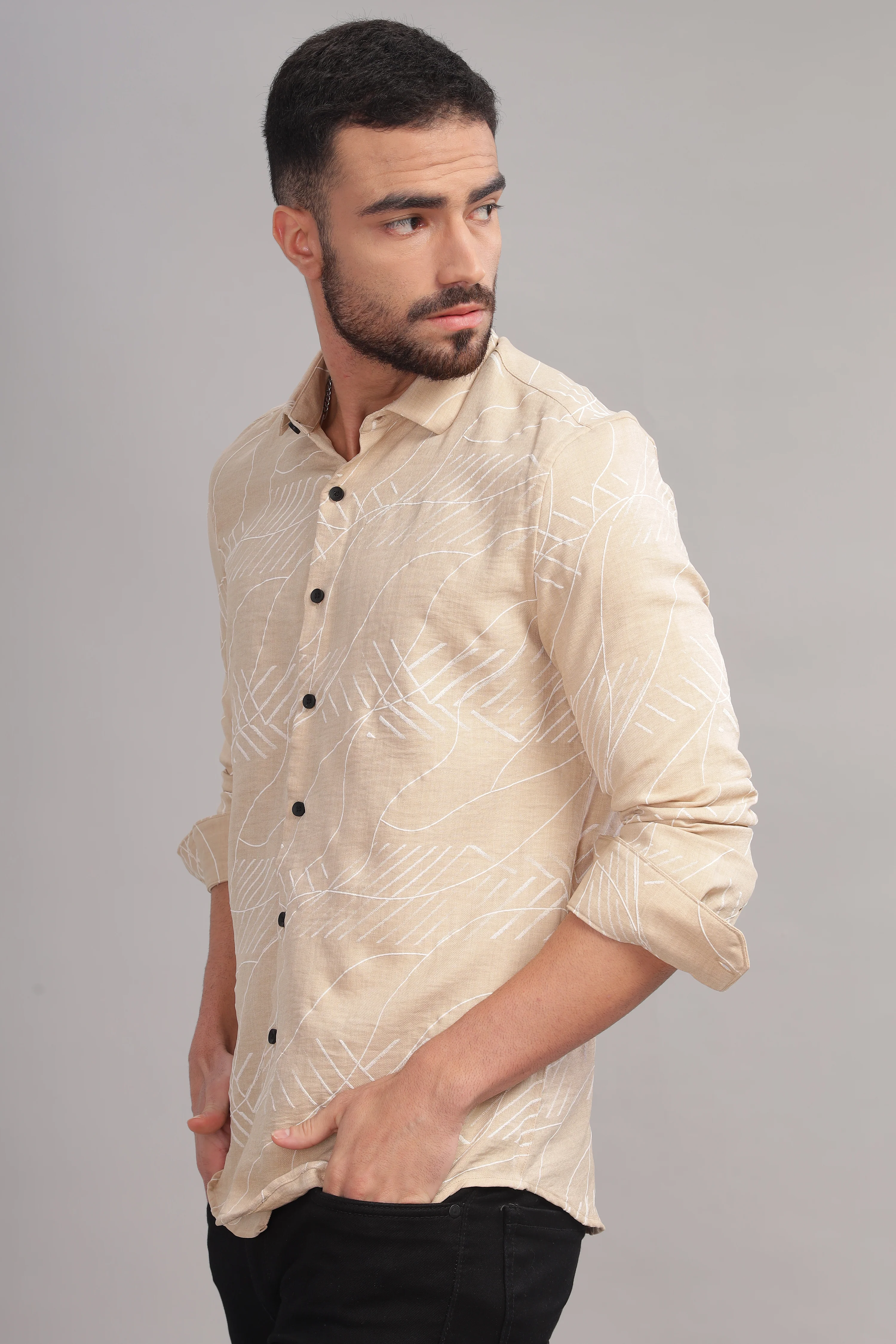 Men Cream Slim Fit Shirt - Image 5