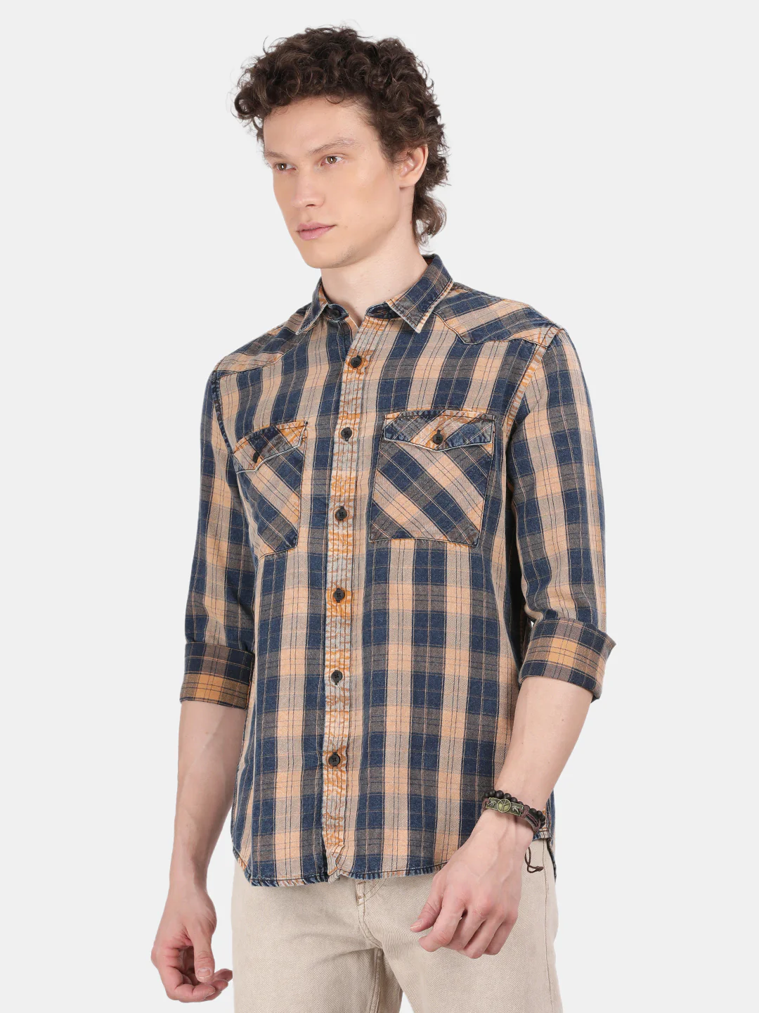 Men Cream Slim Fit Spread Collar Full Sleeve Casual Shirt - Image 4