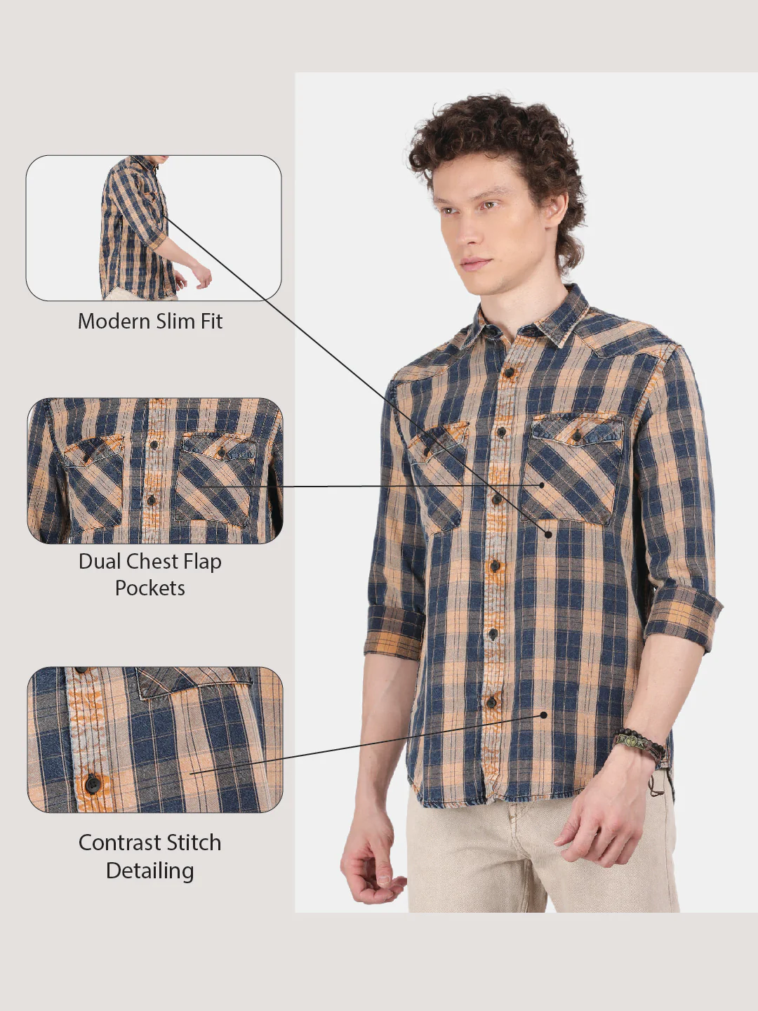 Men Cream Slim Fit Spread Collar Full Sleeve Casual Shirt - Image 6