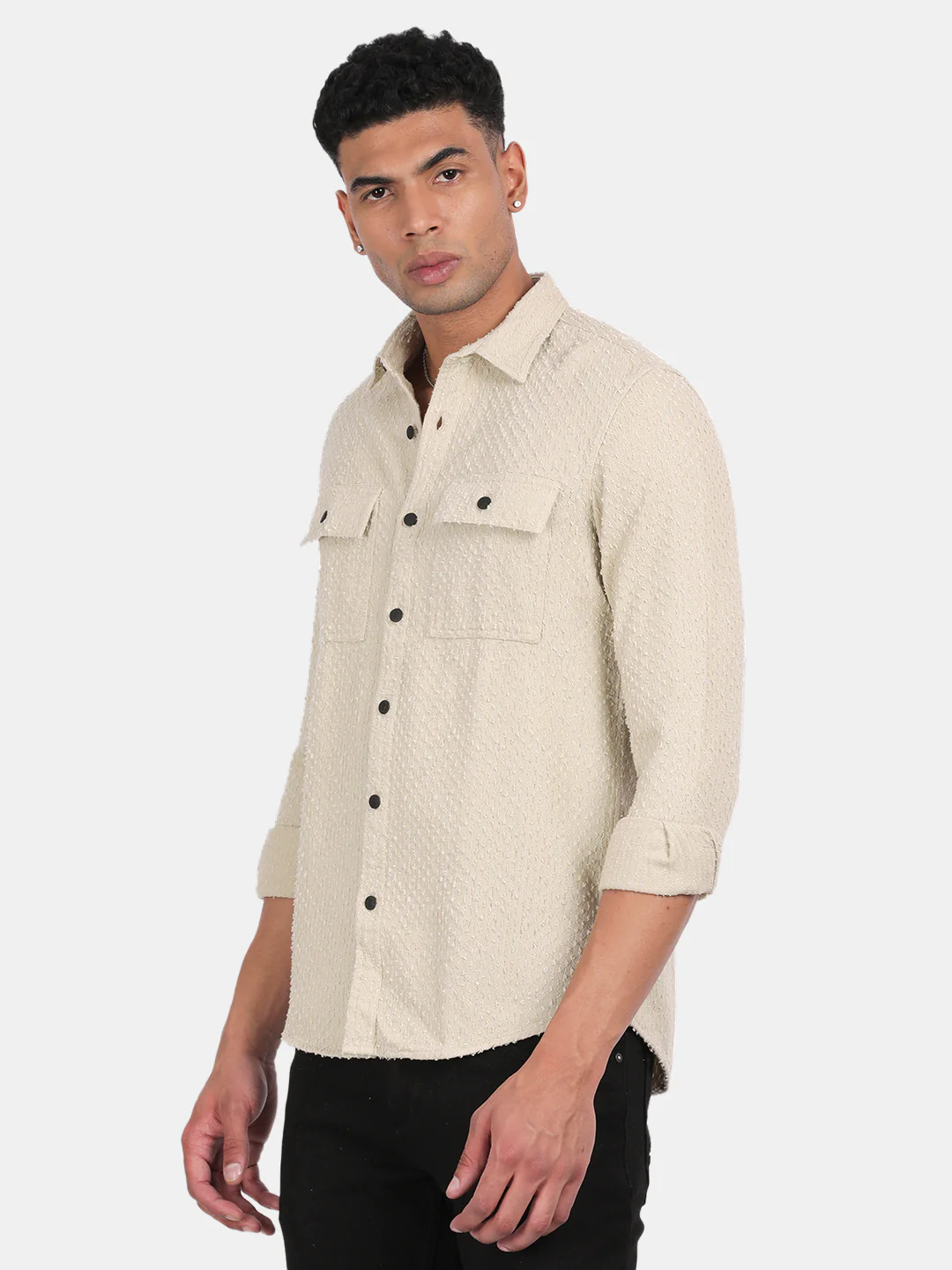 Men Cream Slim Fit Spread Collar Full Sleeve Casual Shirt - Image 2