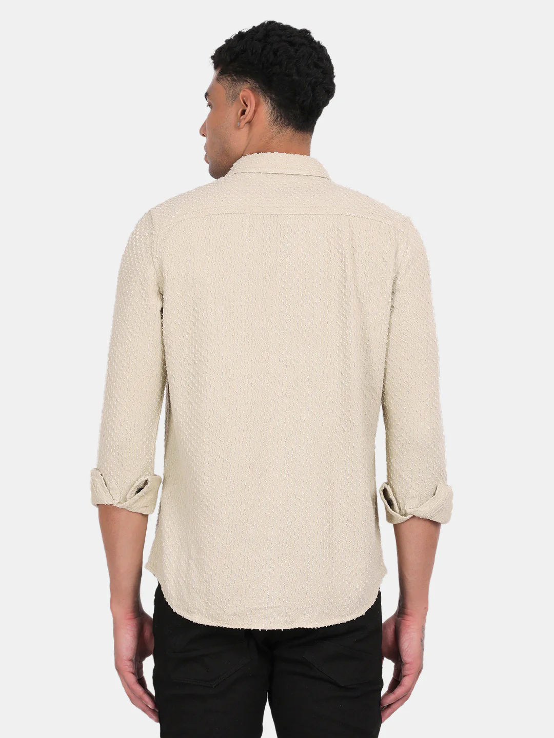 Men Cream Slim Fit Spread Collar Full Sleeve Casual Shirt - Image 3