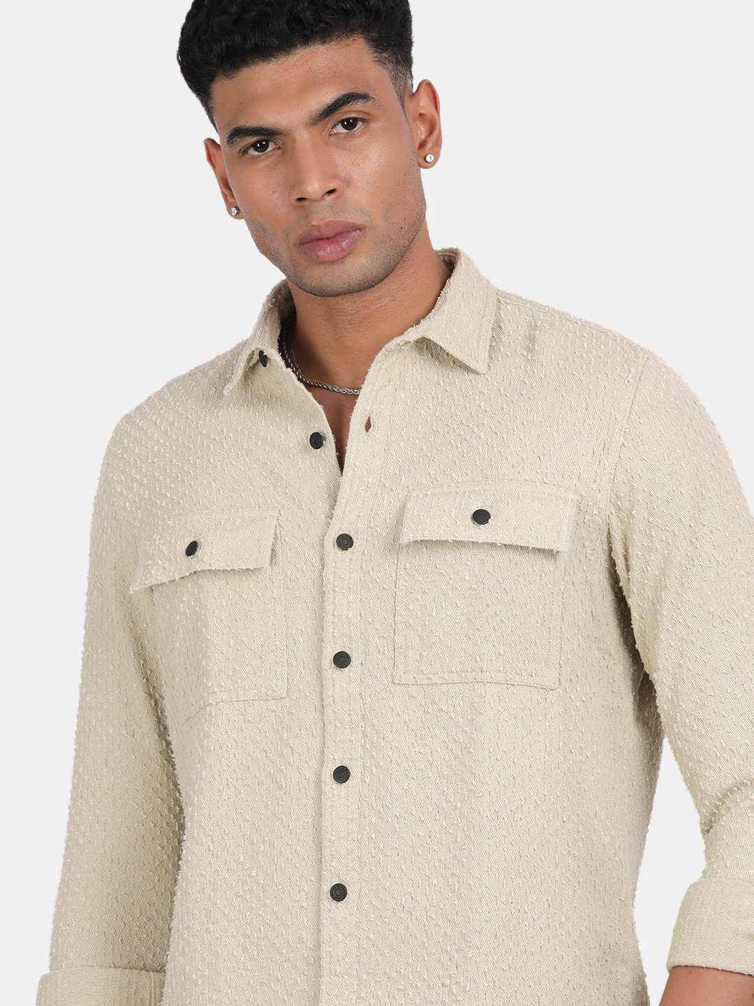 Men Cream Slim Fit Spread Collar Full Sleeve Casual Shirt - Image 4