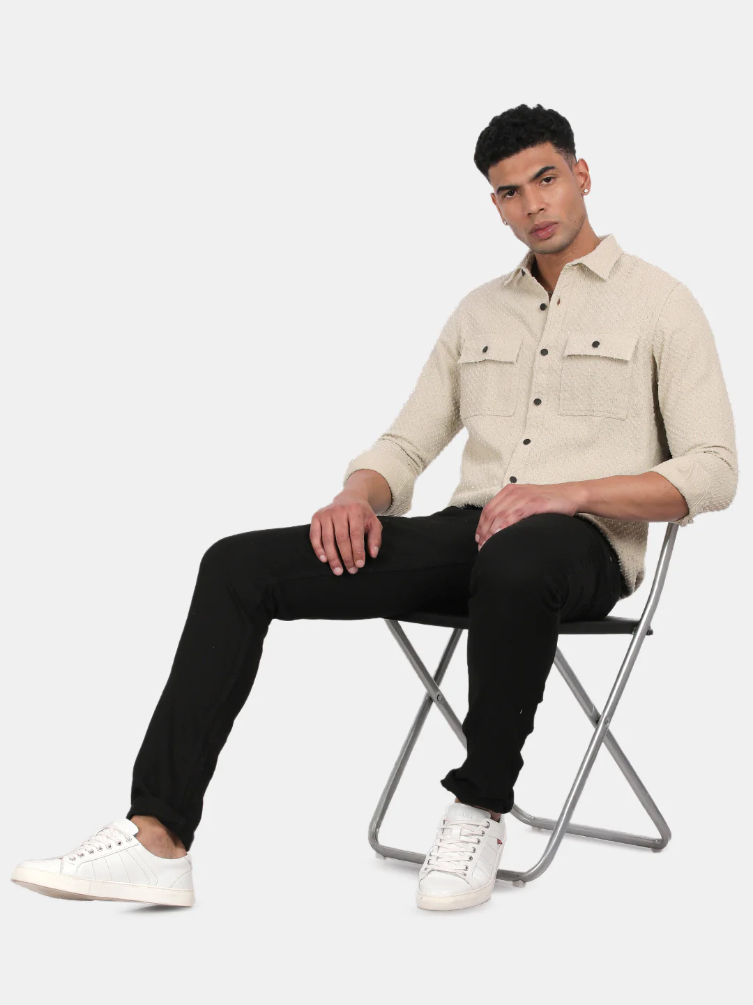 Men Cream Slim Fit Spread Collar Full Sleeve Casual Shirt - Image 5
