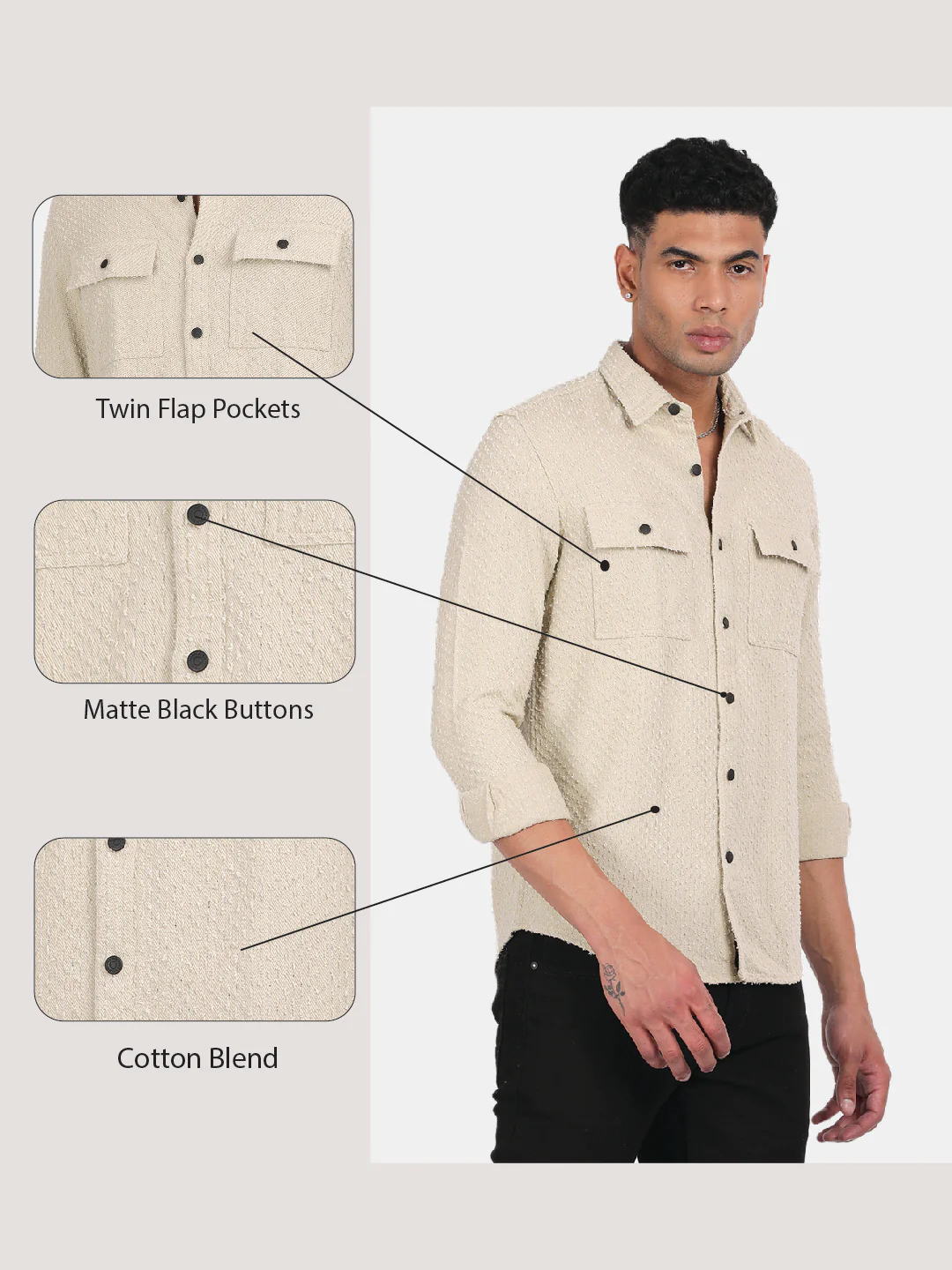 Men Cream Slim Fit Spread Collar Full Sleeve Casual Shirt - Image 6