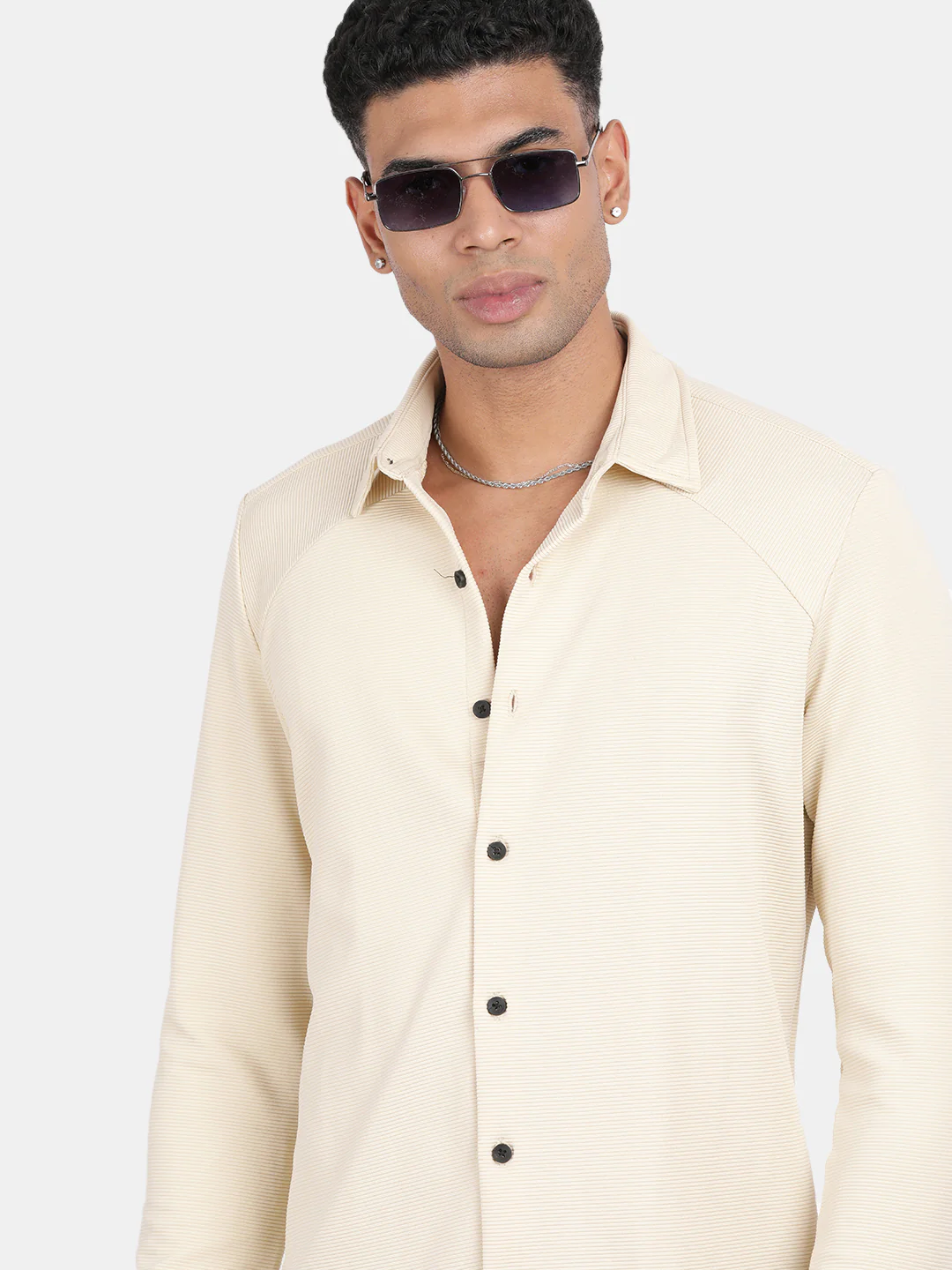 Men Cream Slim Fit Spread Collar Full Sleeve Casual Shirt - Image 2