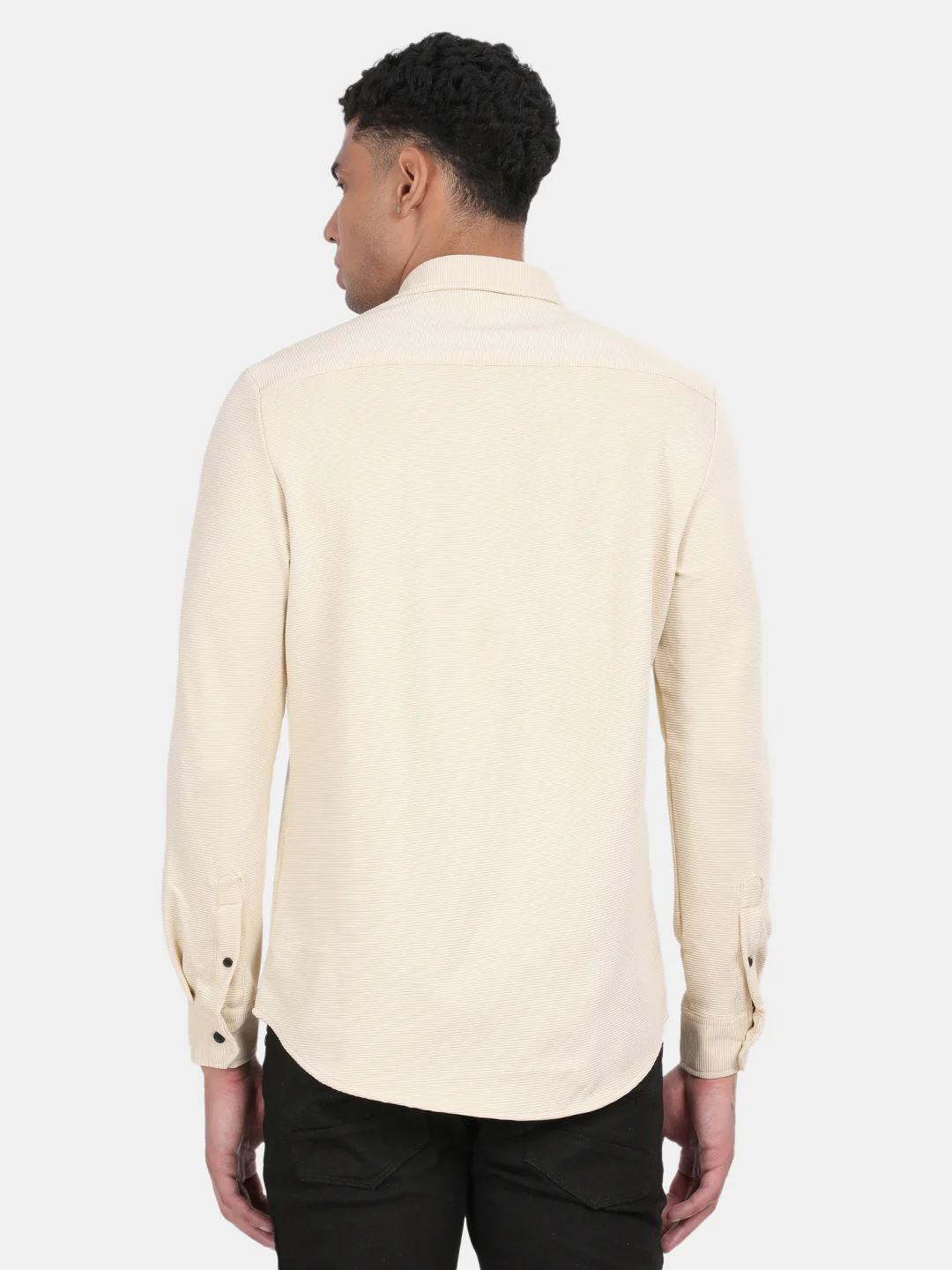 Men Cream Slim Fit Spread Collar Full Sleeve Casual Shirt - Image 3