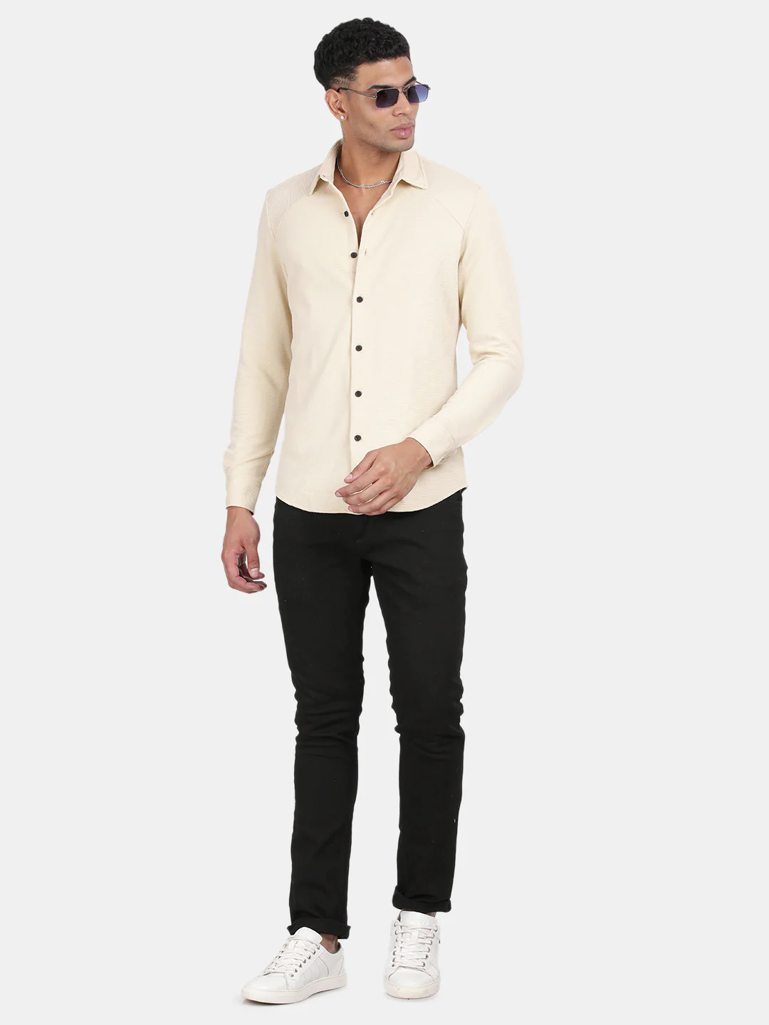 Men Cream Slim Fit Spread Collar Full Sleeve Casual Shirt - Image 4