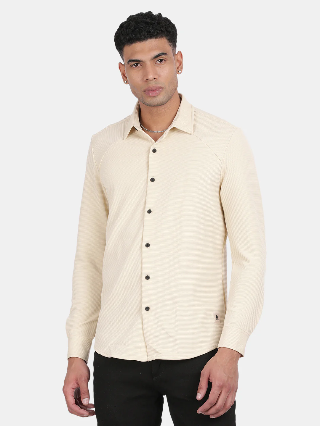 Men Cream Slim Fit Spread Collar Full Sleeve Casual Shirt - Image 5