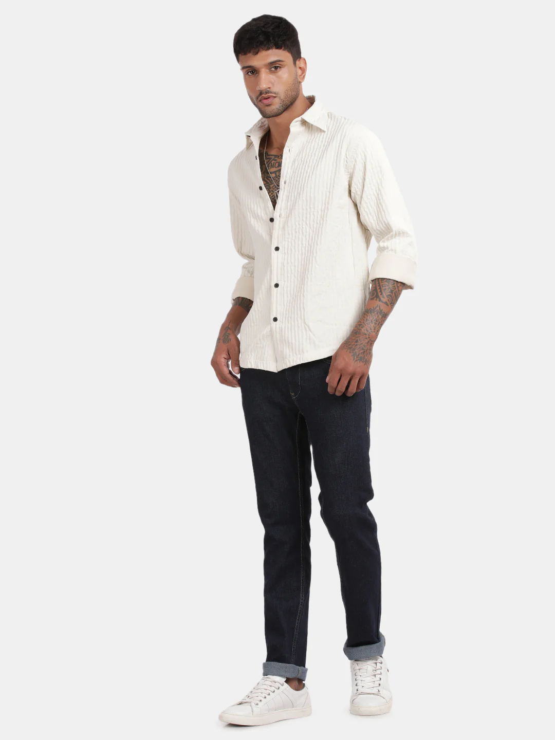 Men Cream Slim Fit Spread Collar Full Sleeve Casual Shirt - Image 4