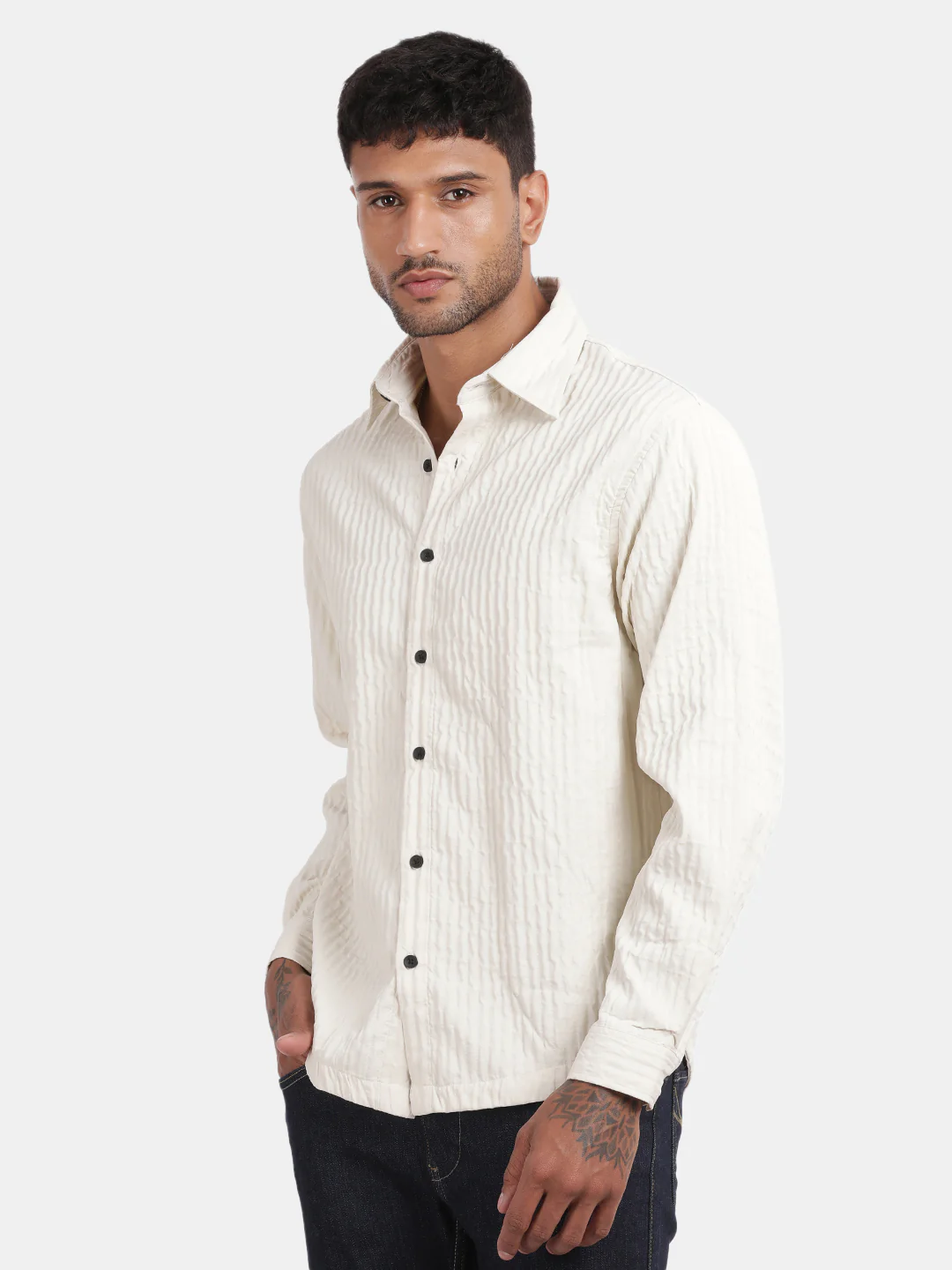 Men Cream Slim Fit Spread Collar Full Sleeve Casual Shirt - Image 5