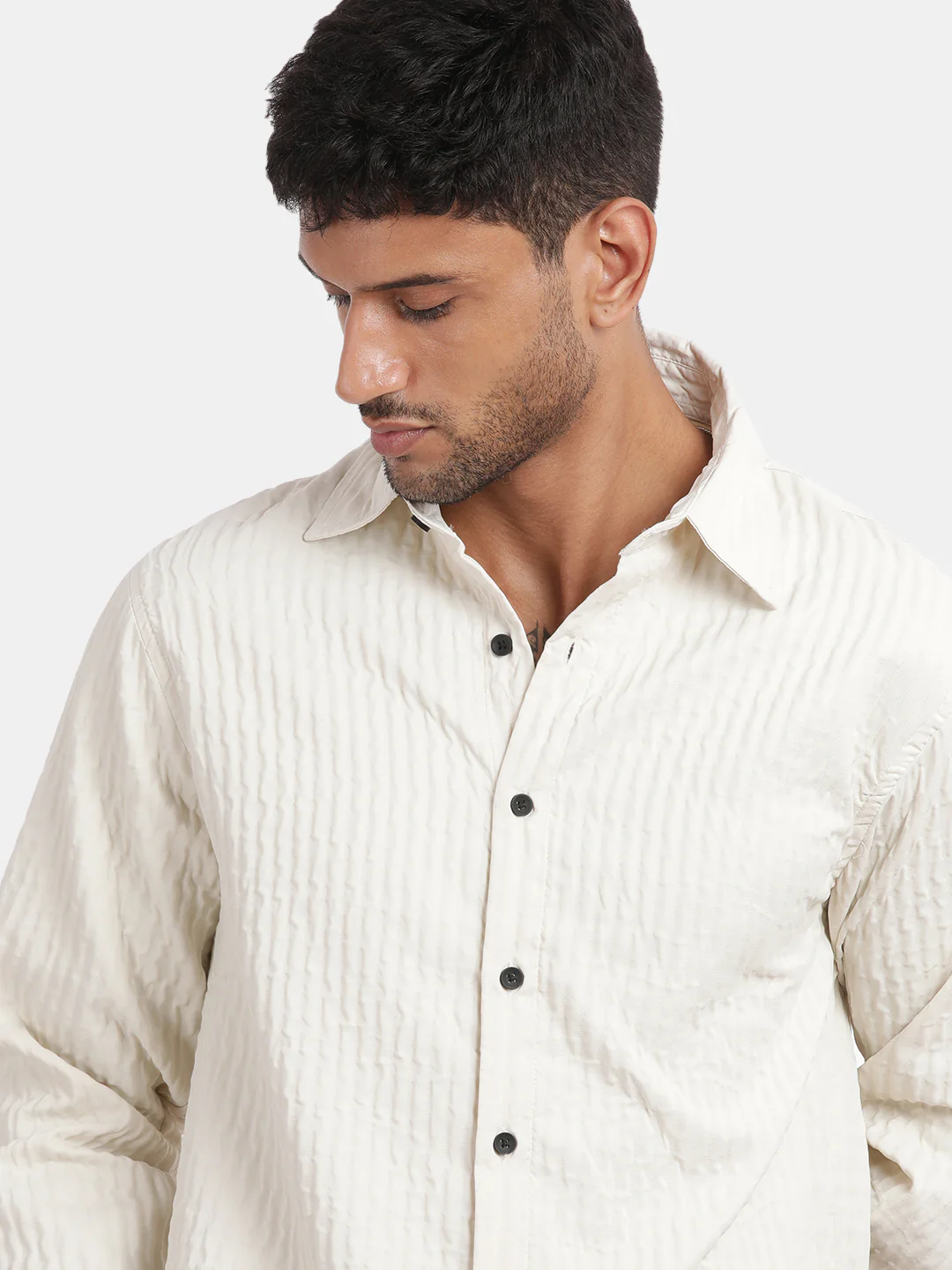 Men Cream Slim Fit Spread Collar Full Sleeve Casual Shirt - Image 6