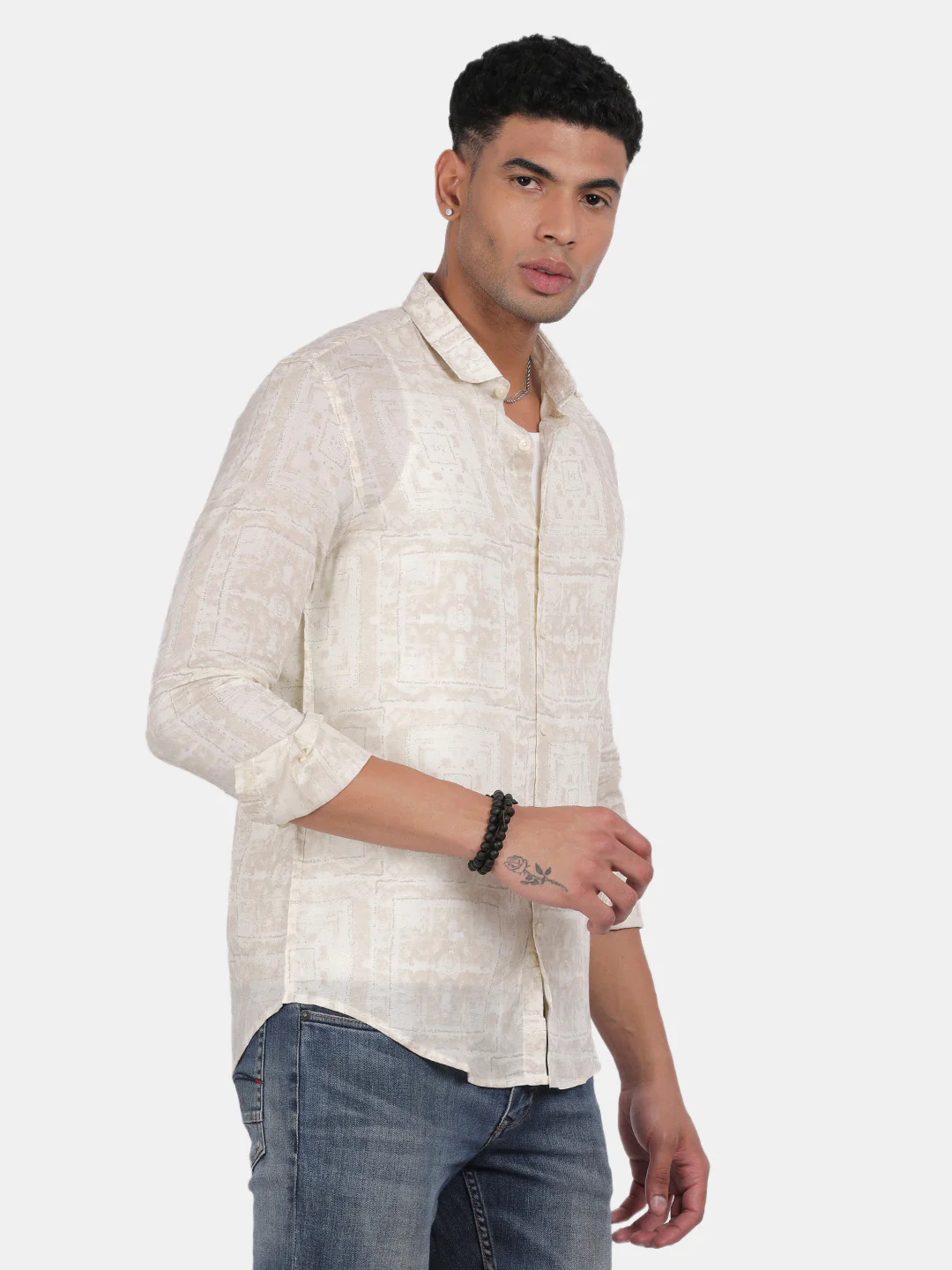 Men Cream Slim Fit Spread Collar Full Sleeve Casual Shirt - Image 2