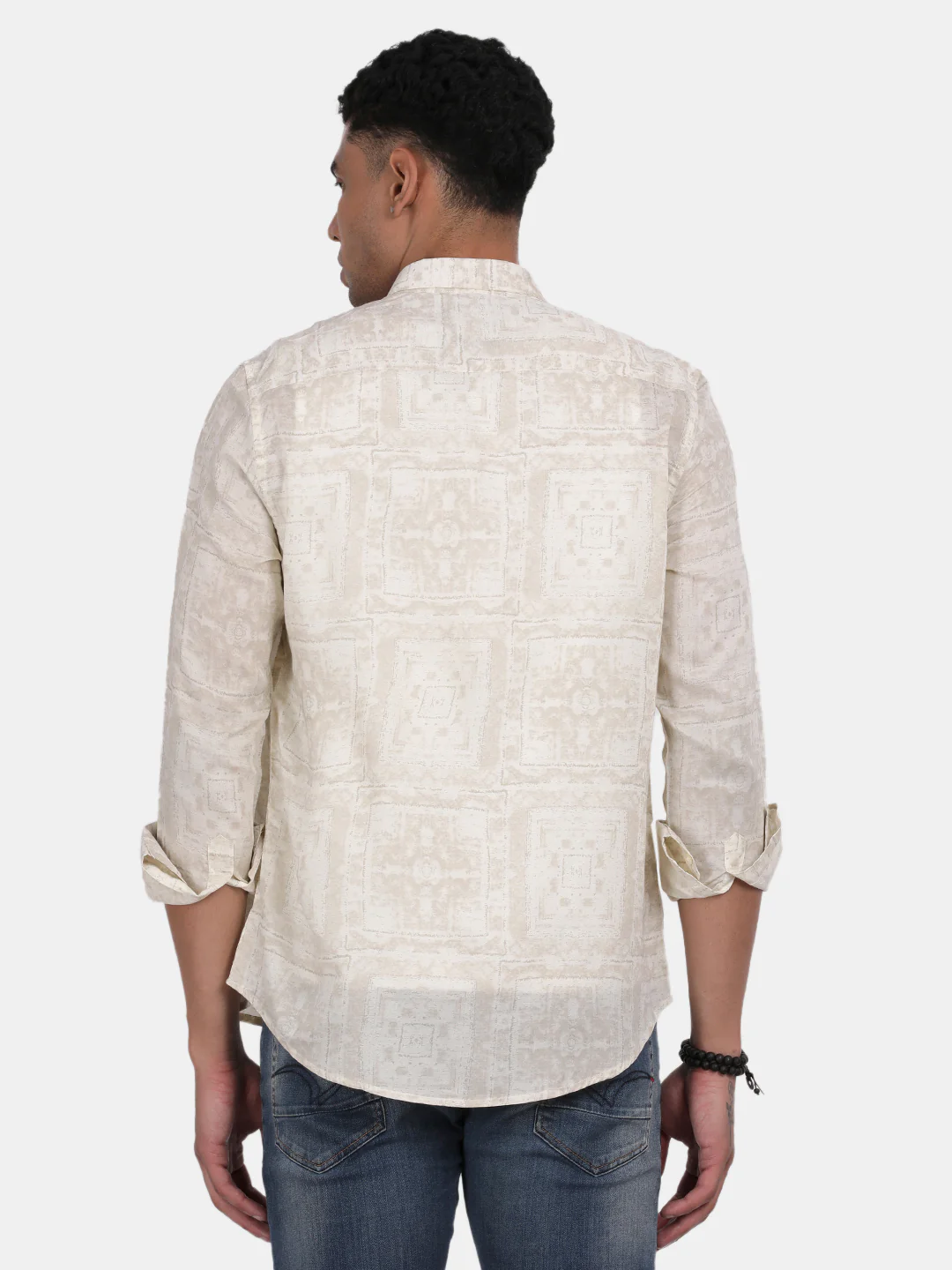 Men Cream Slim Fit Spread Collar Full Sleeve Casual Shirt - Image 3