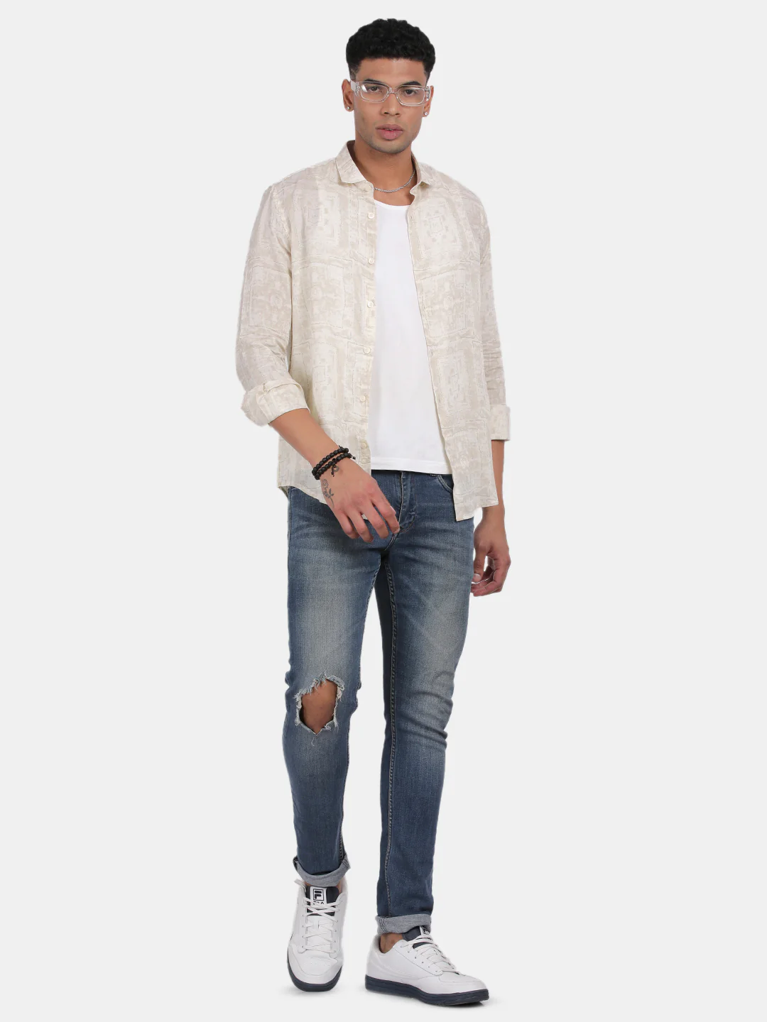 Men Cream Slim Fit Spread Collar Full Sleeve Casual Shirt - Image 5