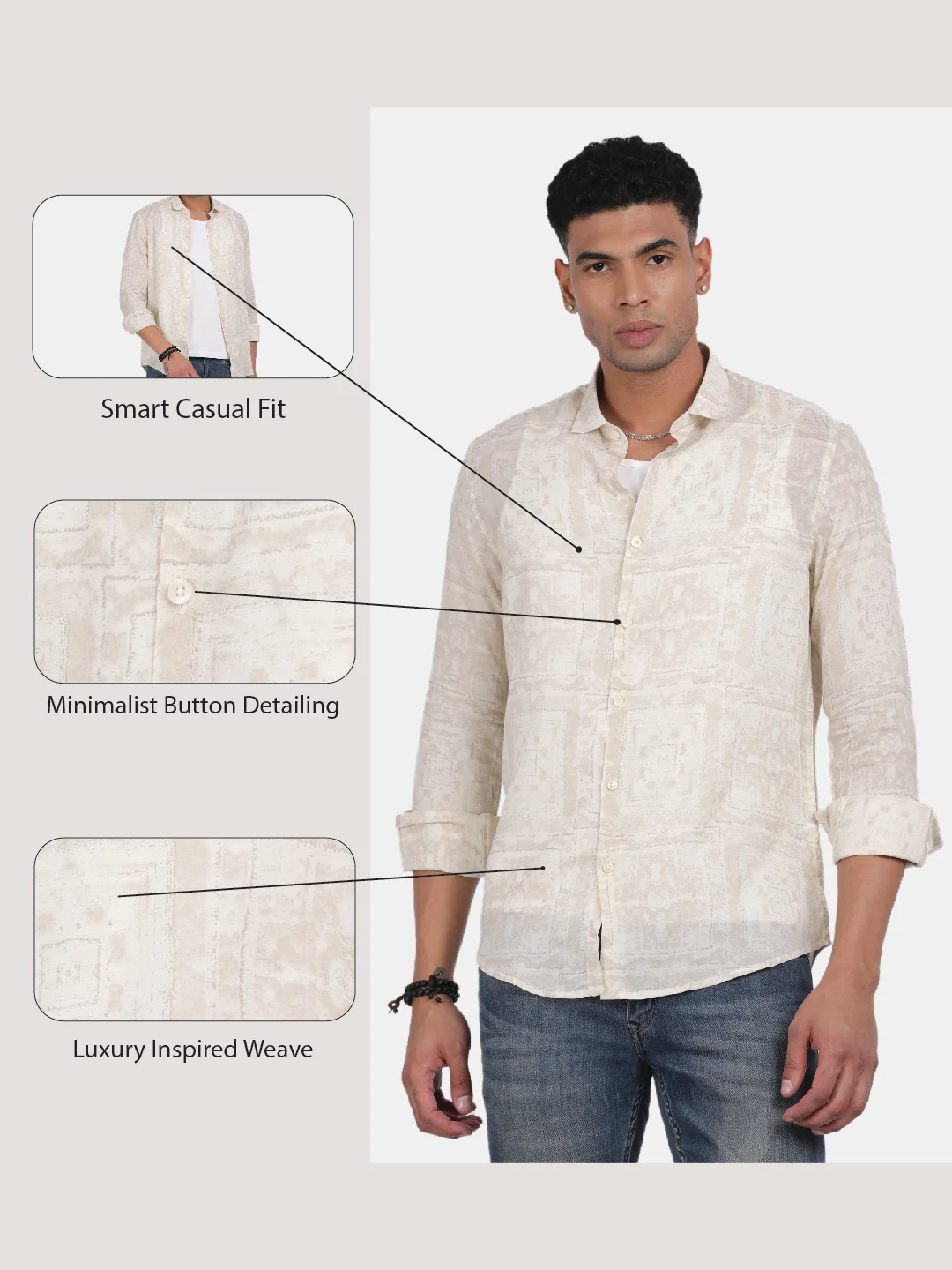 Men Cream Slim Fit Spread Collar Full Sleeve Casual Shirt - Image 6