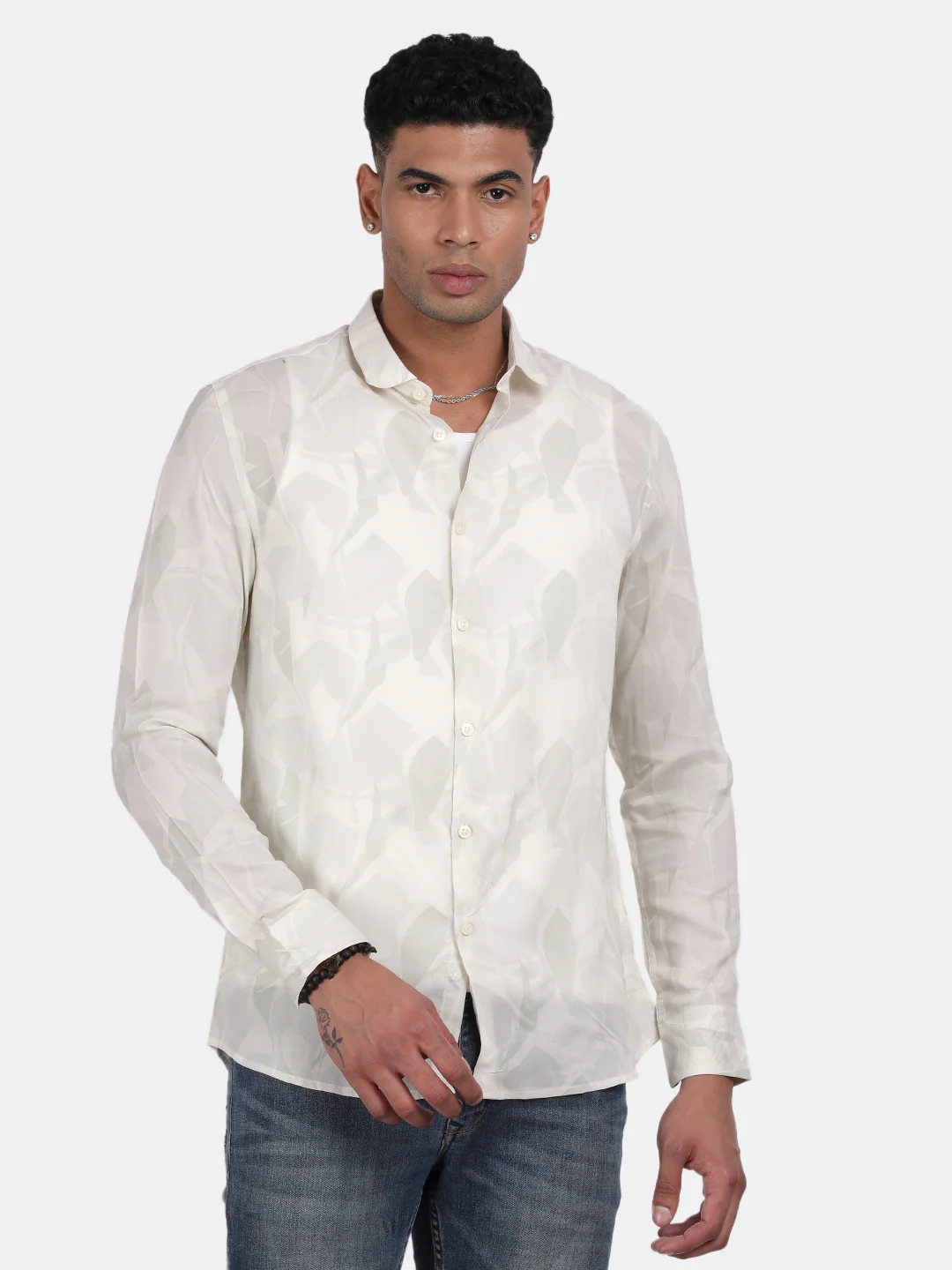 Men Cream Slim Fit Spread Collar Full Sleeve Casual Shirt - Image 2