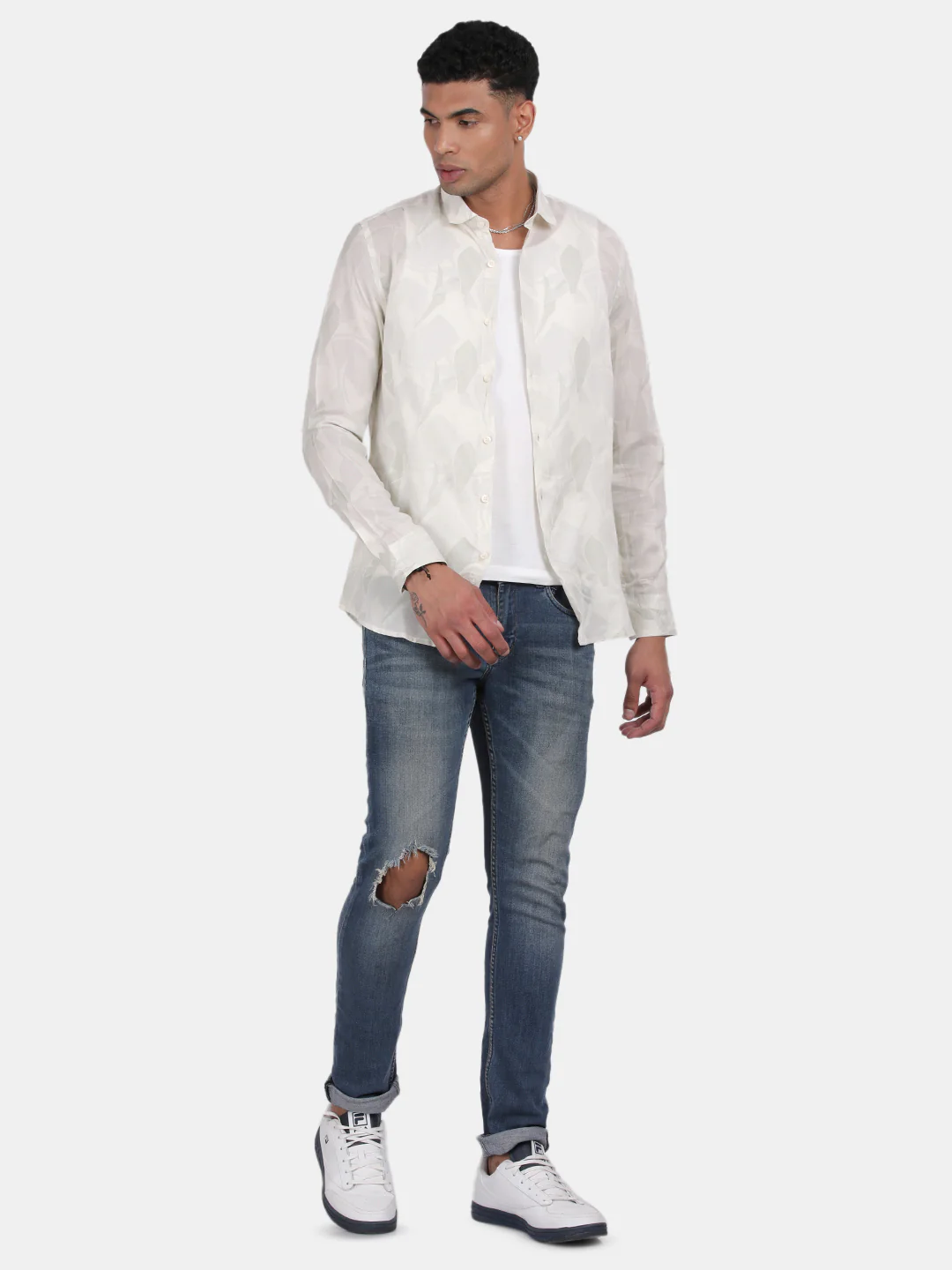 Men Cream Slim Fit Spread Collar Full Sleeve Casual Shirt - Image 4